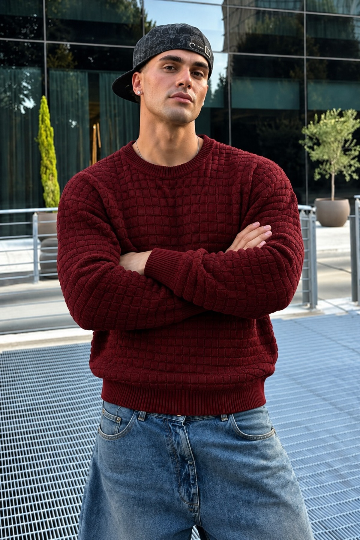 Erkek Kışlık Örgü Desenli Trend Bordo Kazak 5