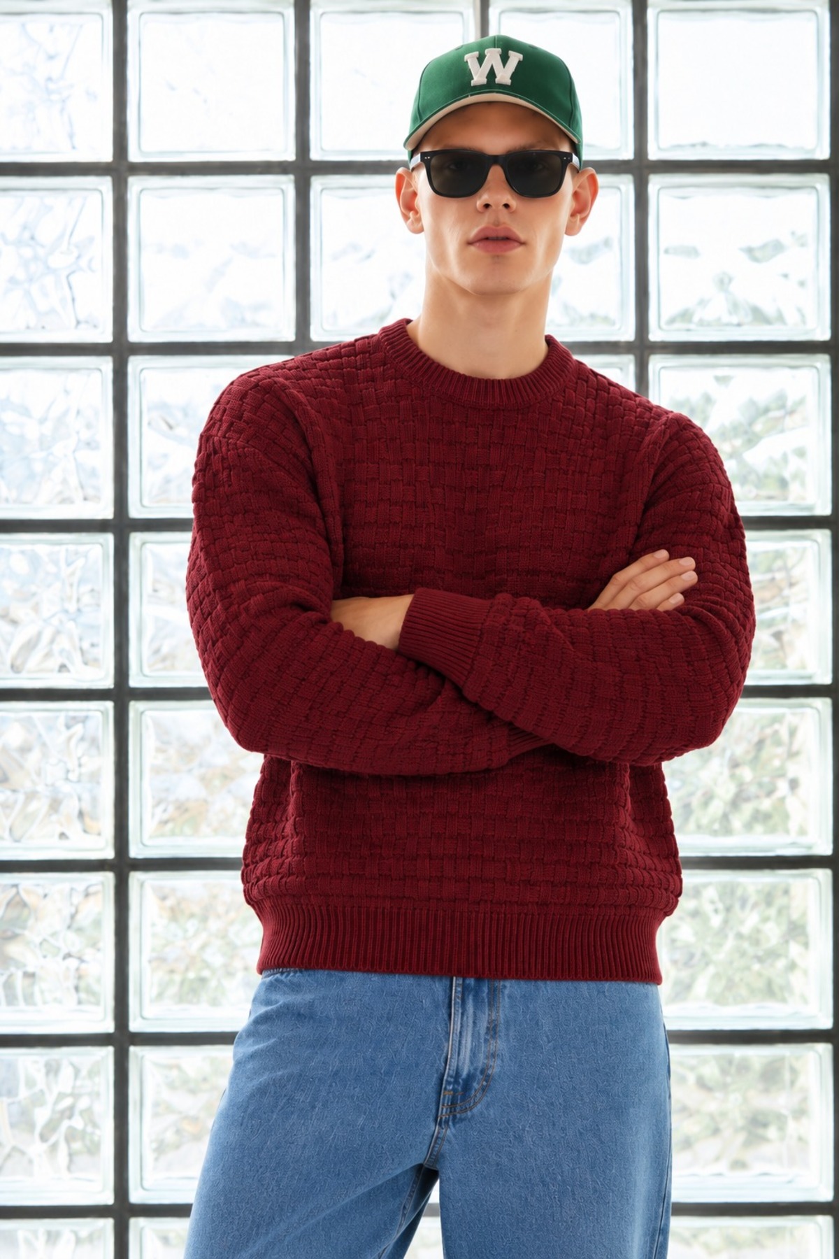 Erkek Örgü Desenli Triko Premium Bordo Kazak 5