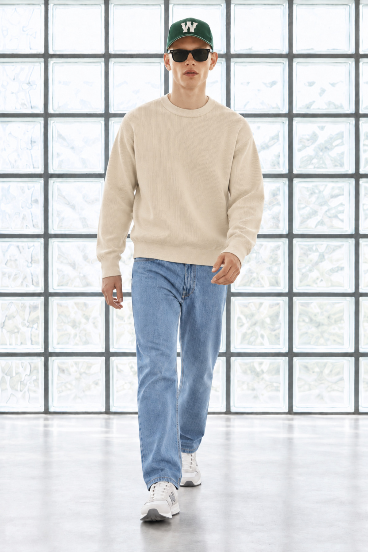 Erkek Bisiklet Yaka Fitilli Oversize Krem Kazak 3