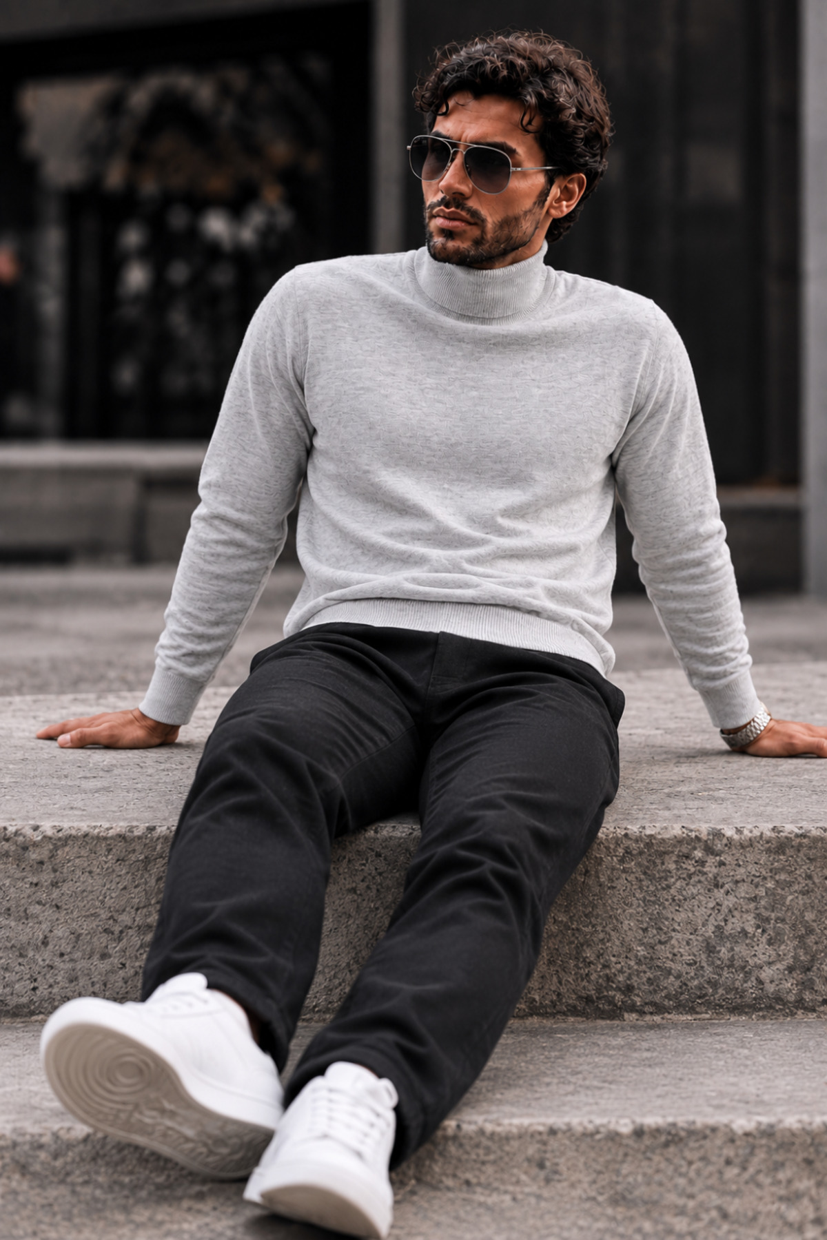 Erkek Boğazlı Slim Fit Triko Açık Gri Kazak 6