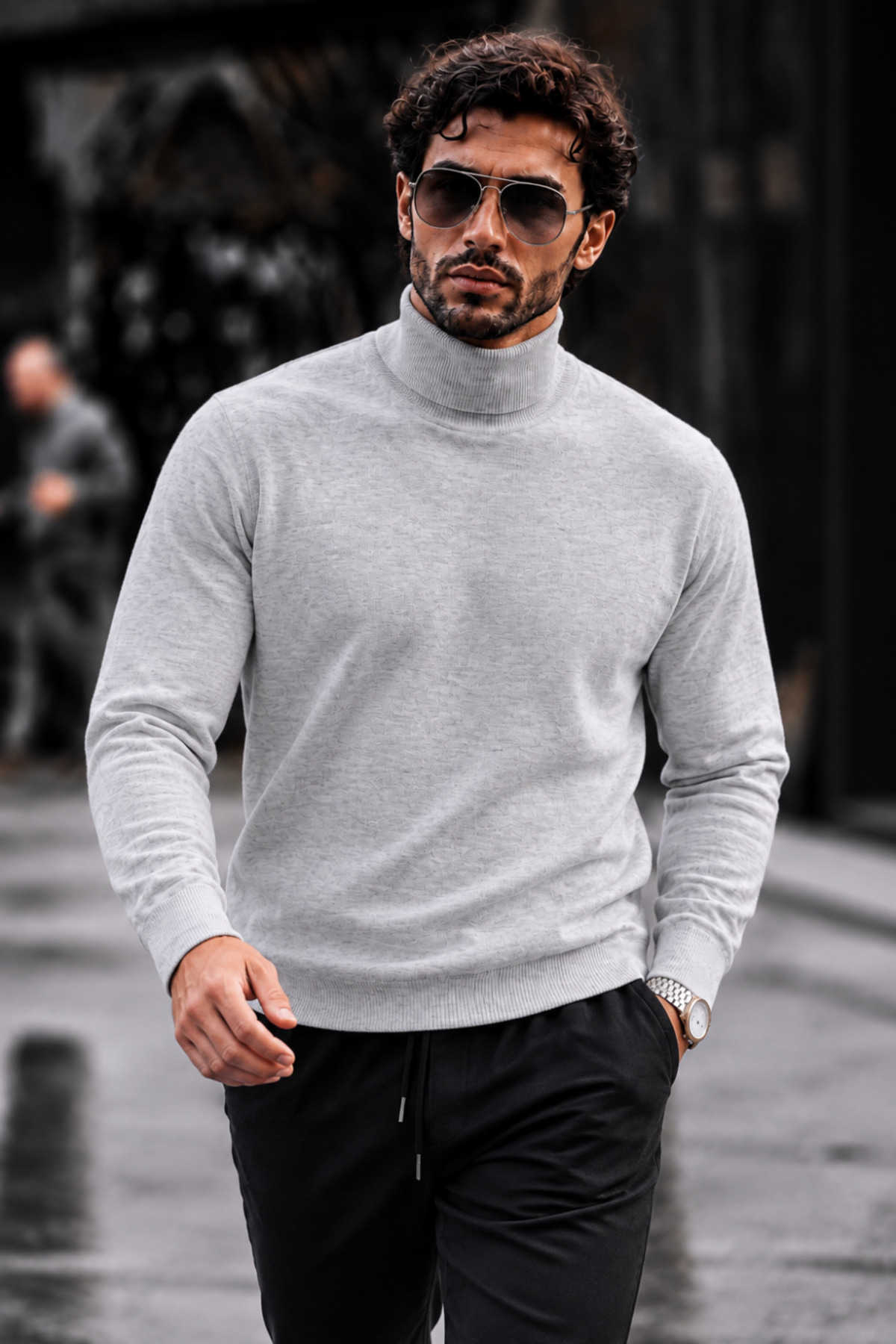 Erkek Boğazlı Slim Fit Triko Açık Gri Kazak 3