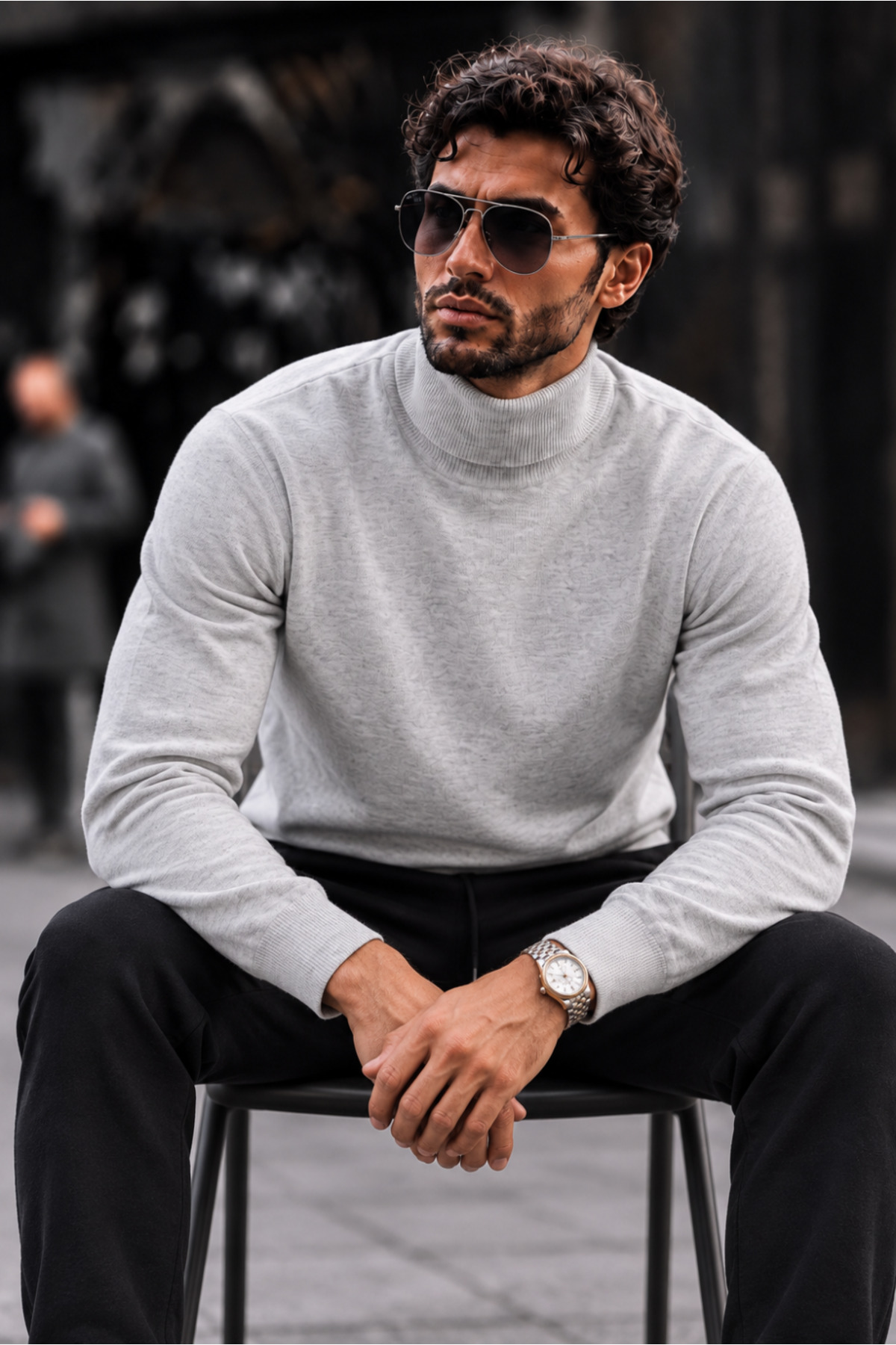 Erkek Boğazlı Slim Fit Triko Açık Gri Kazak 4