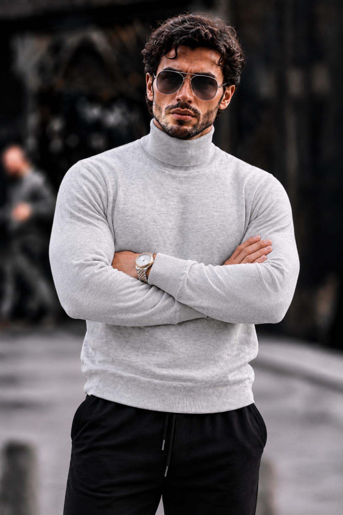 Erkek Boğazlı Slim Fit Triko Açık Gri Kazak 5