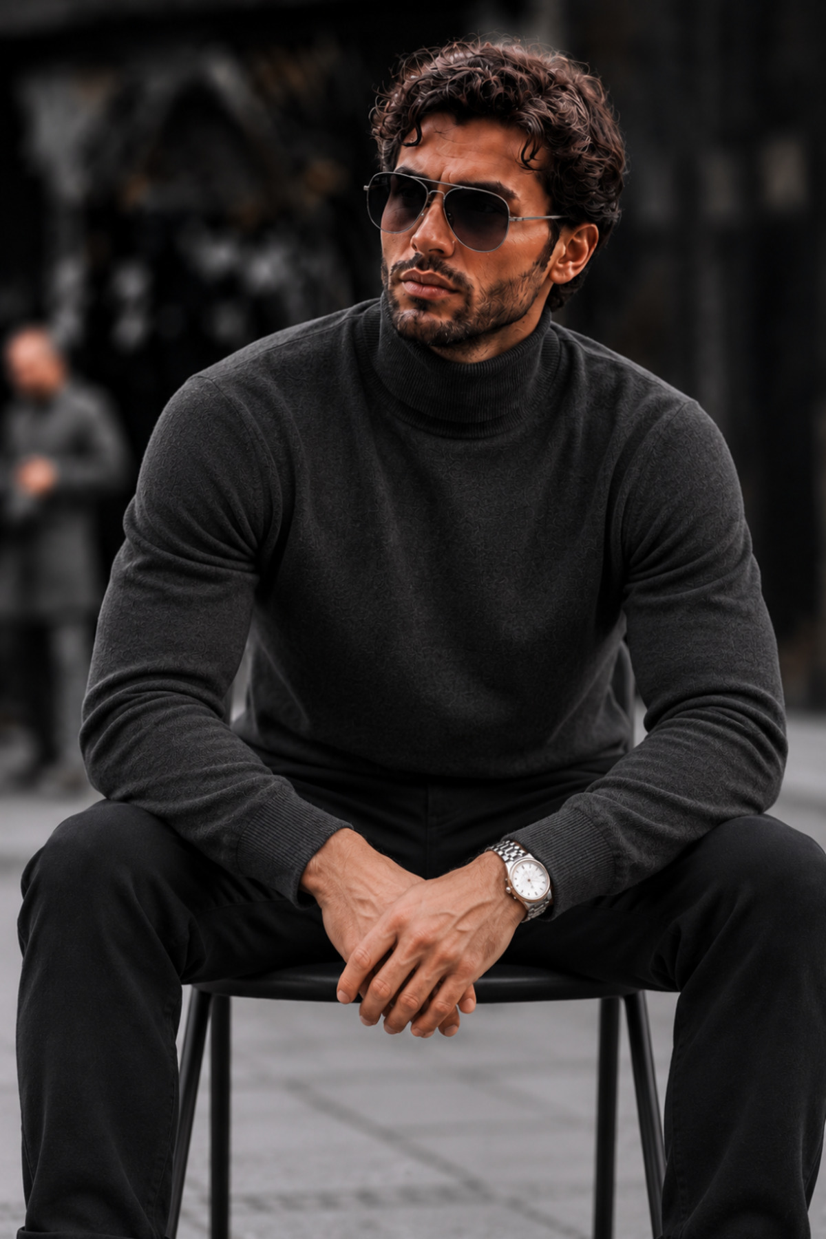 Erkek Boğazlı Slim Fit Triko Füme Kazak 4