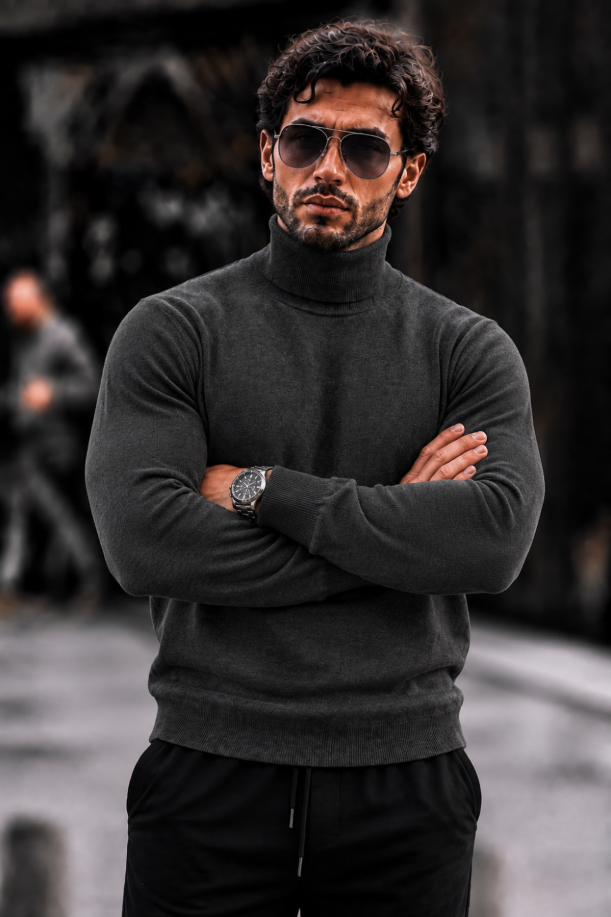 Erkek Boğazlı Slim Fit Triko Füme Kazak 5