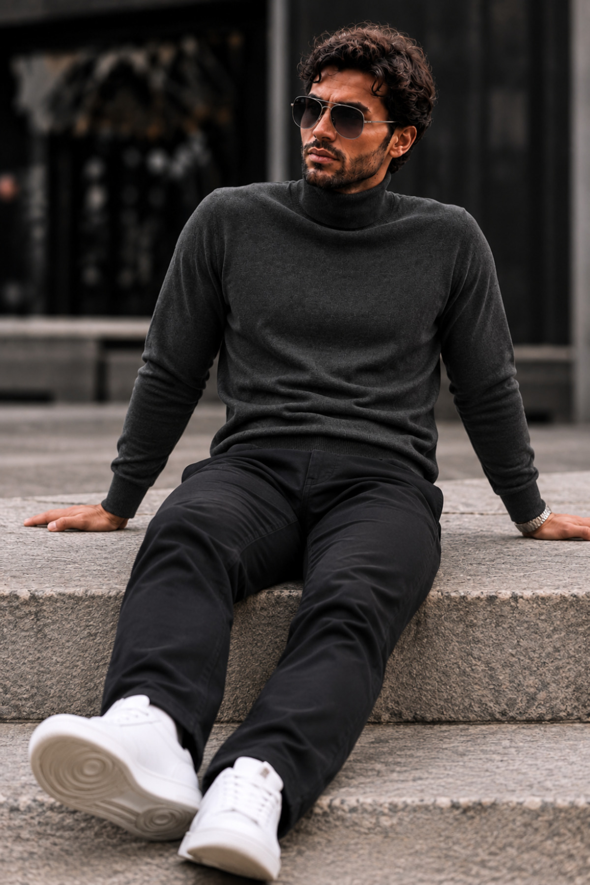 Erkek Boğazlı Slim Fit Triko Füme Kazak 6