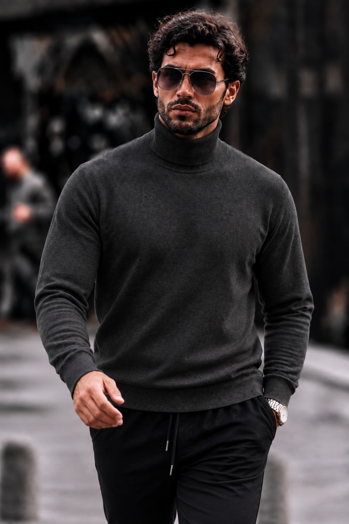 Erkek Boğazlı Slim Fit Triko Füme Kazak 3
