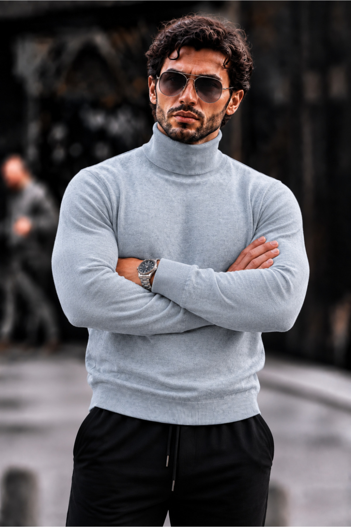 Erkek Boğazlı Slim Fit Triko Gri Kazak 5
