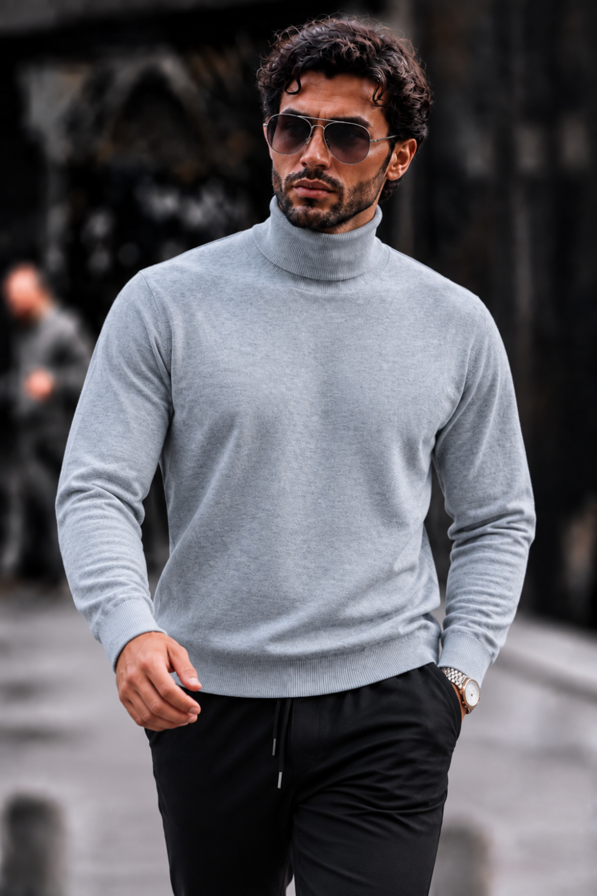Erkek Boğazlı Slim Fit Triko Gri Kazak 3