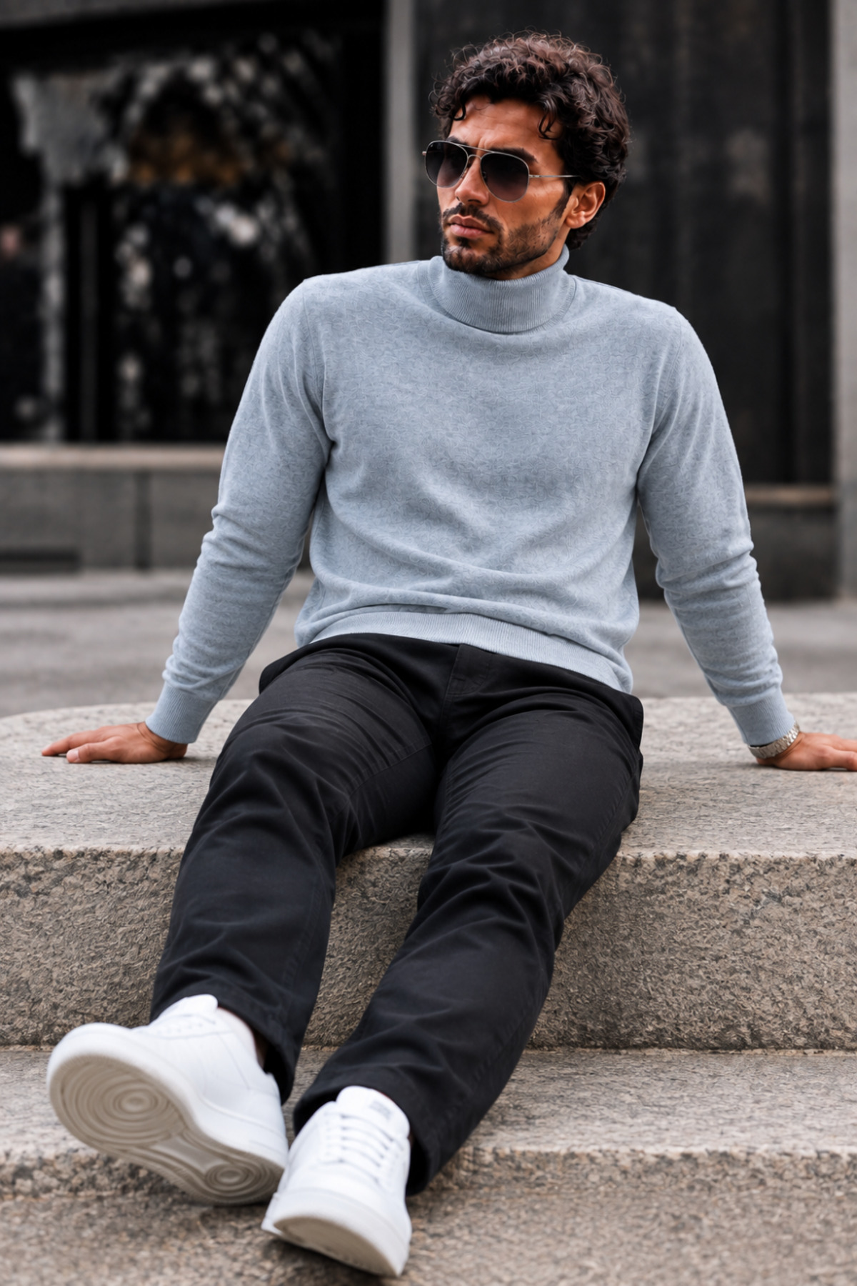 Erkek Boğazlı Slim Fit Triko Gri Kazak 6