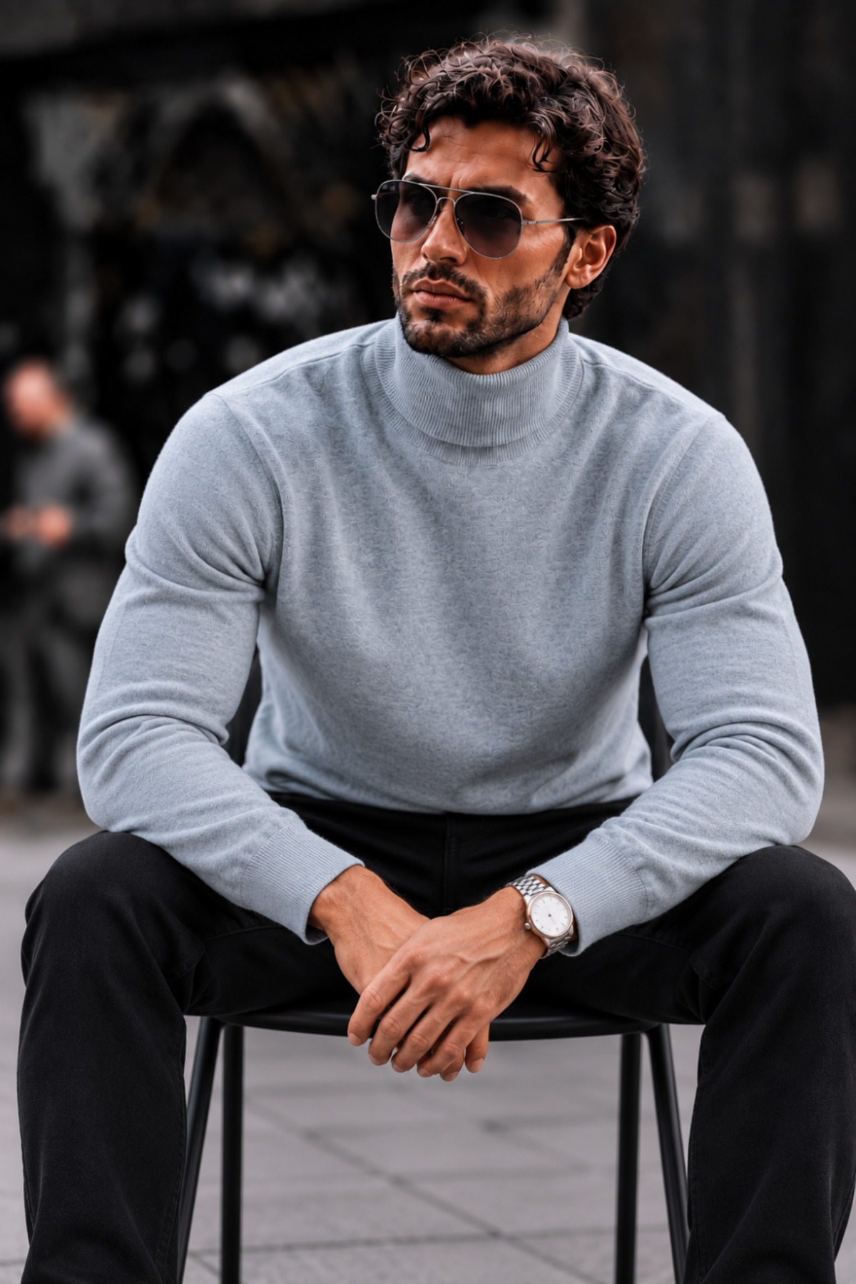 Erkek Boğazlı Slim Fit Triko Gri Kazak 4