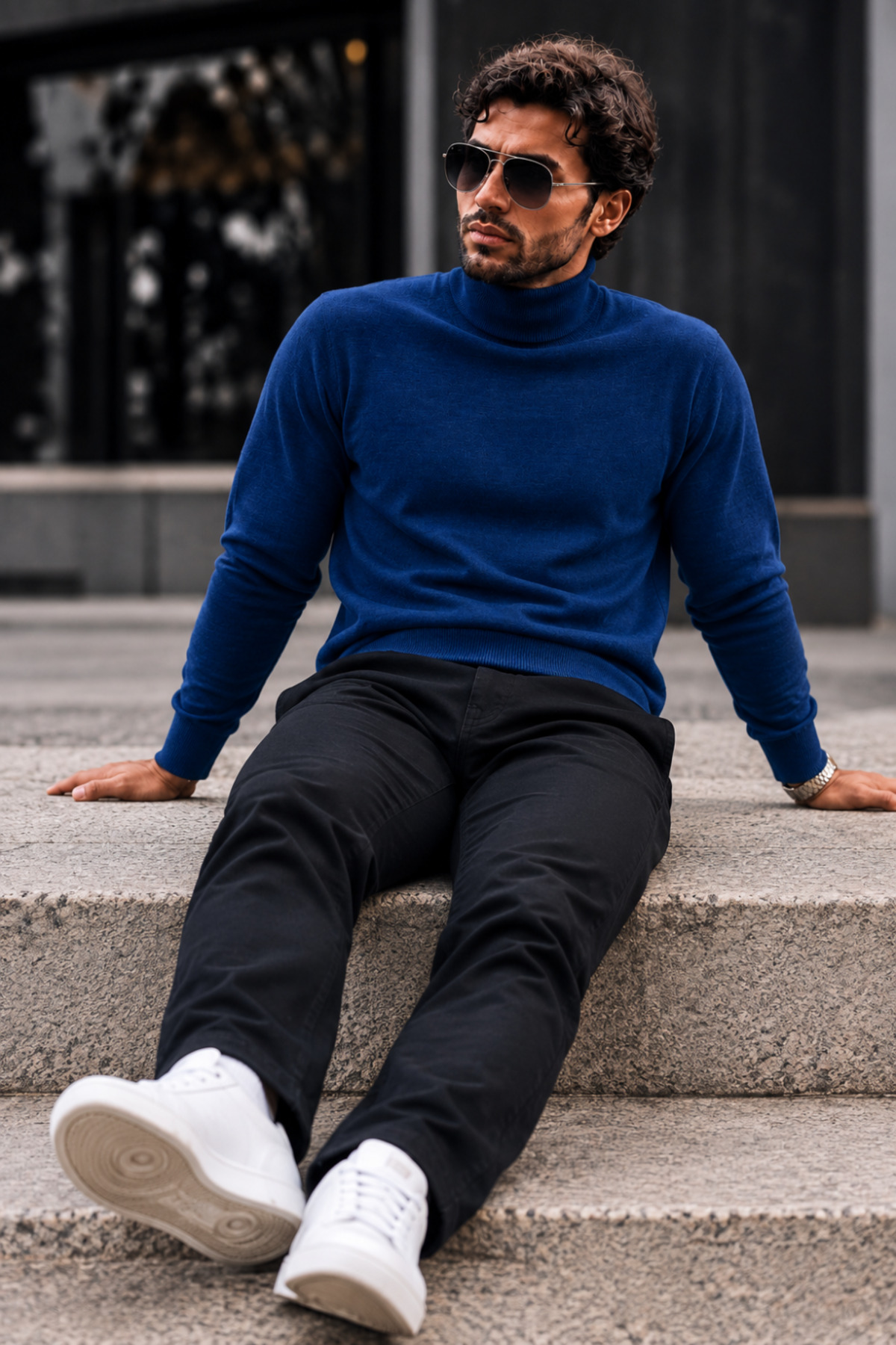 Erkek Boğazlı Slim Fit Triko Mavi Kazak 6