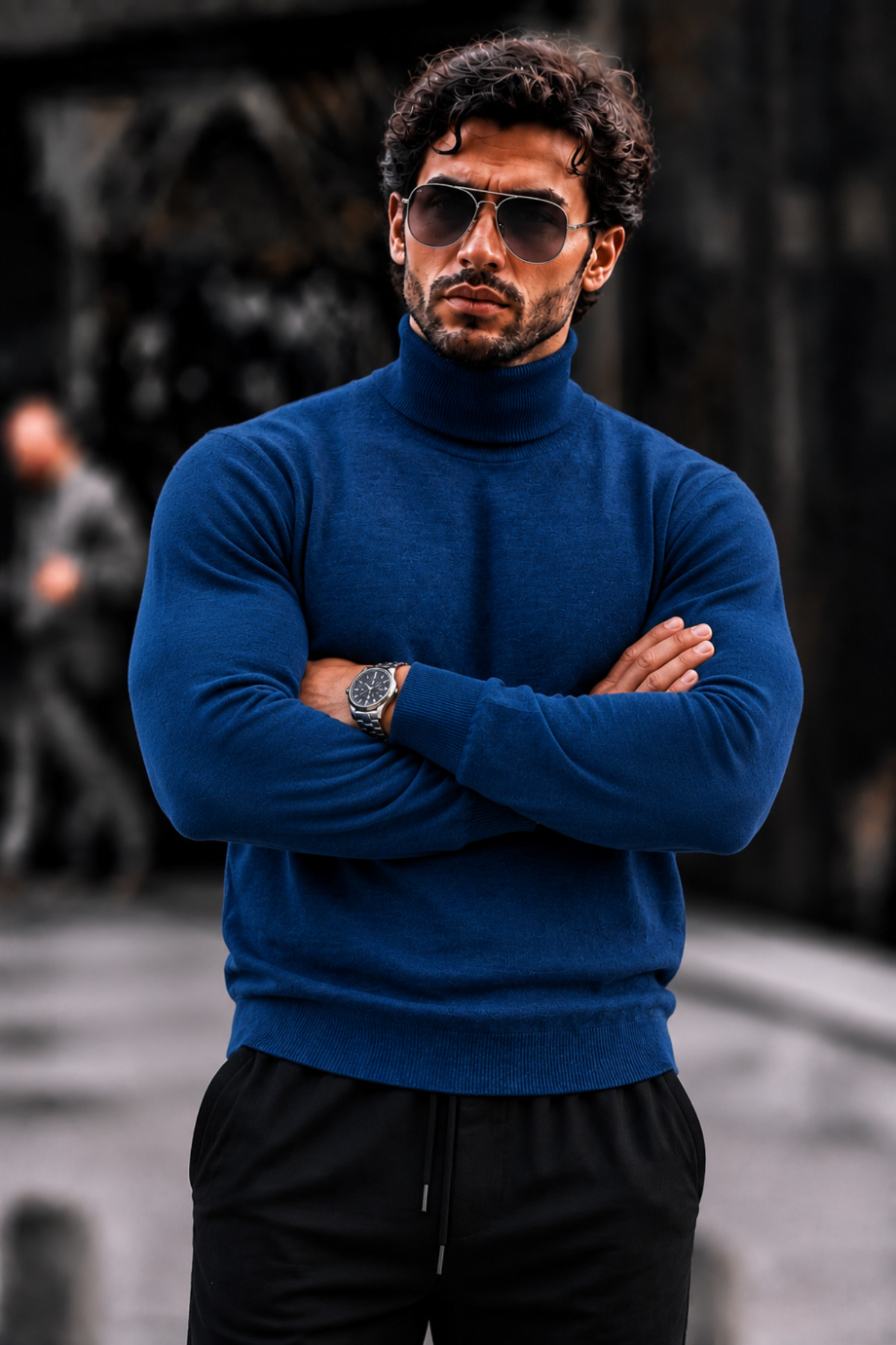 Erkek Boğazlı Slim Fit Triko Mavi Kazak 5