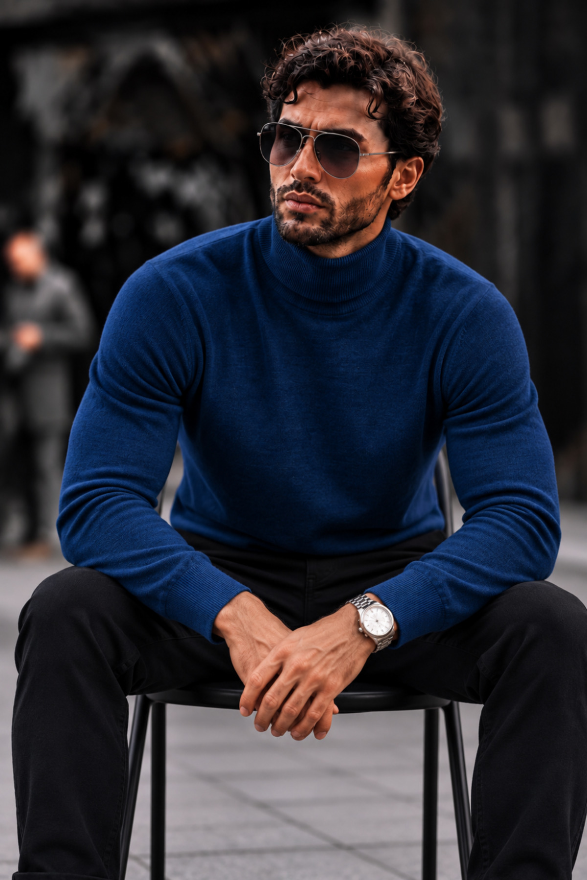 Erkek Boğazlı Slim Fit Triko Mavi Kazak 4
