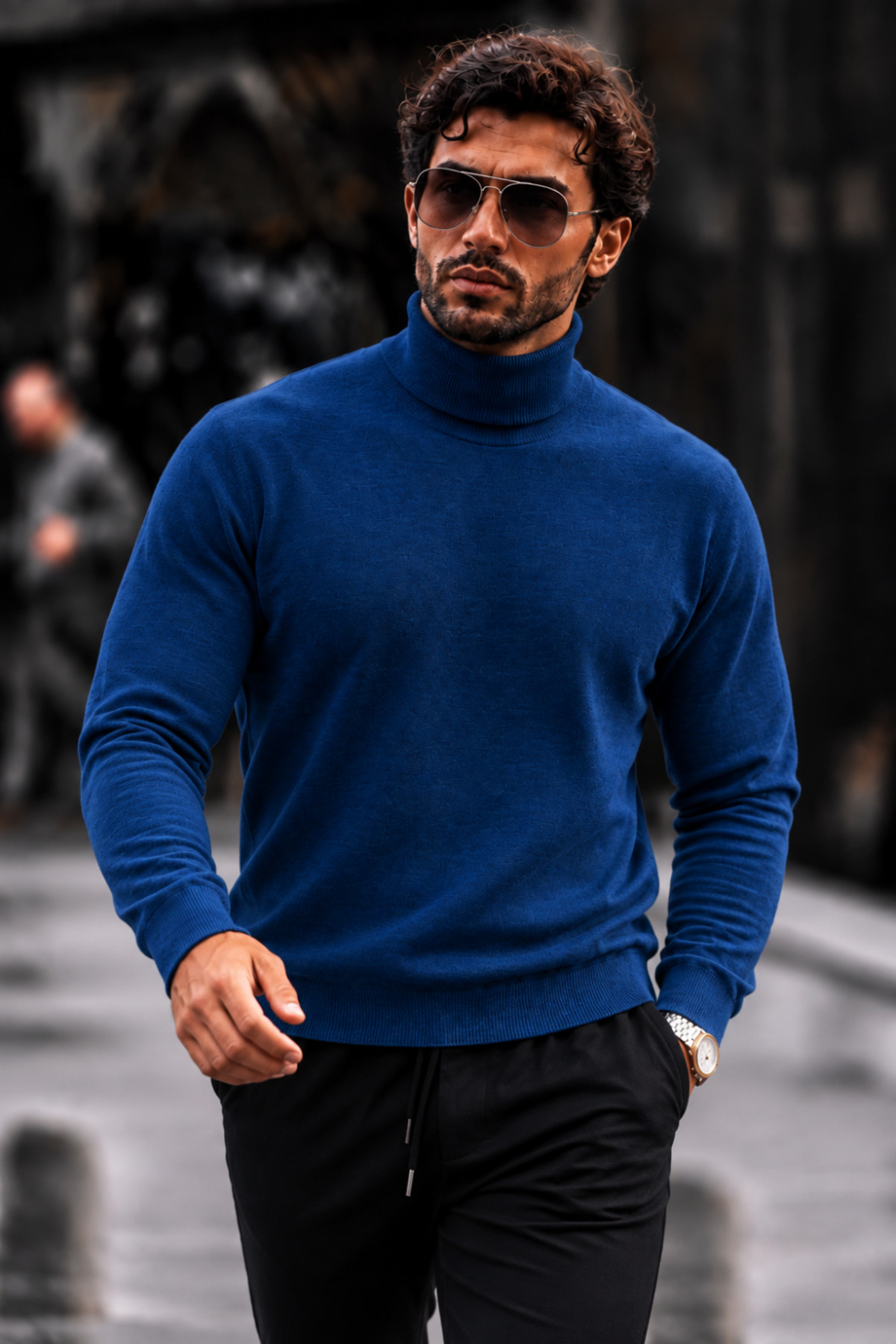Erkek Boğazlı Slim Fit Triko Mavi Kazak 3