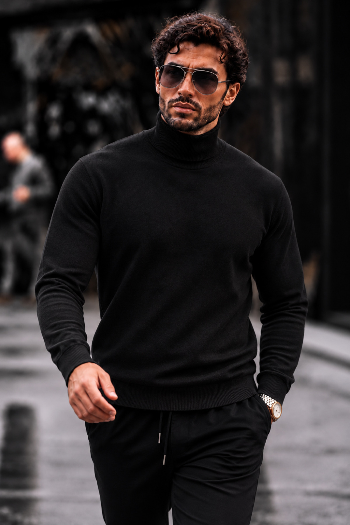 Erkek Boğazlı Slim Fit Triko Siyah Kazak 3