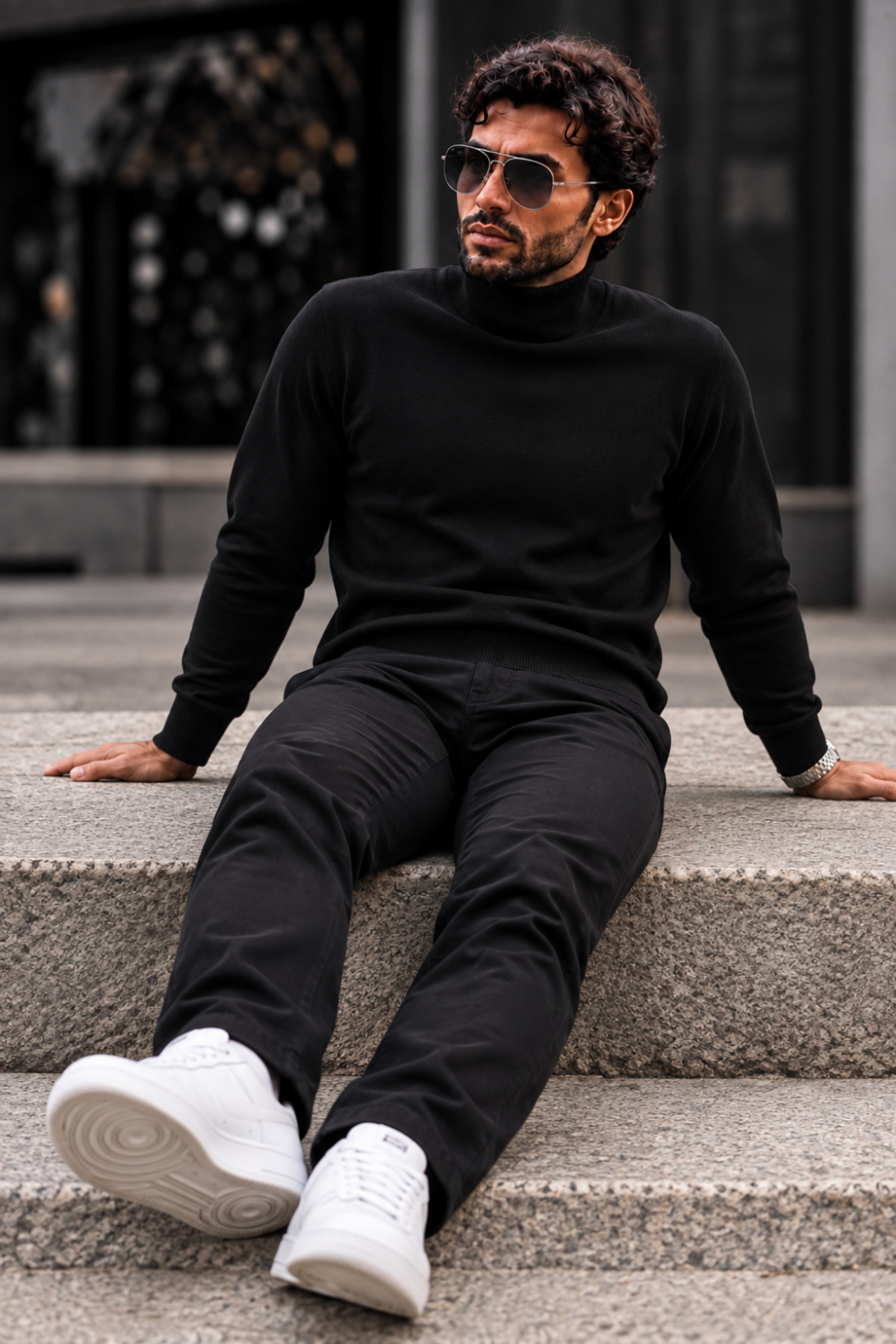 Erkek Boğazlı Slim Fit Triko Siyah Kazak 6