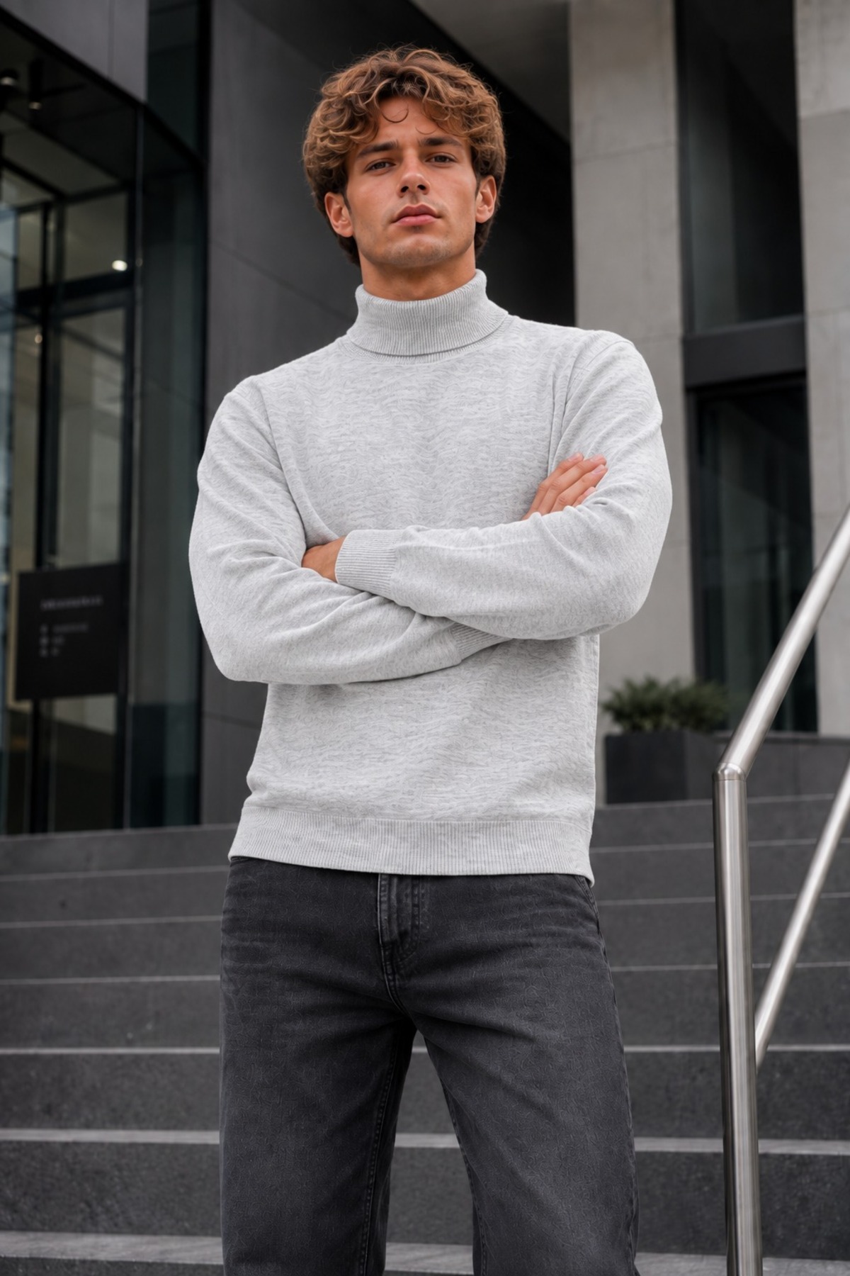 Kışlık Erkek Boğazlı Yaka Casual Açık Gri Sweatshirt 6