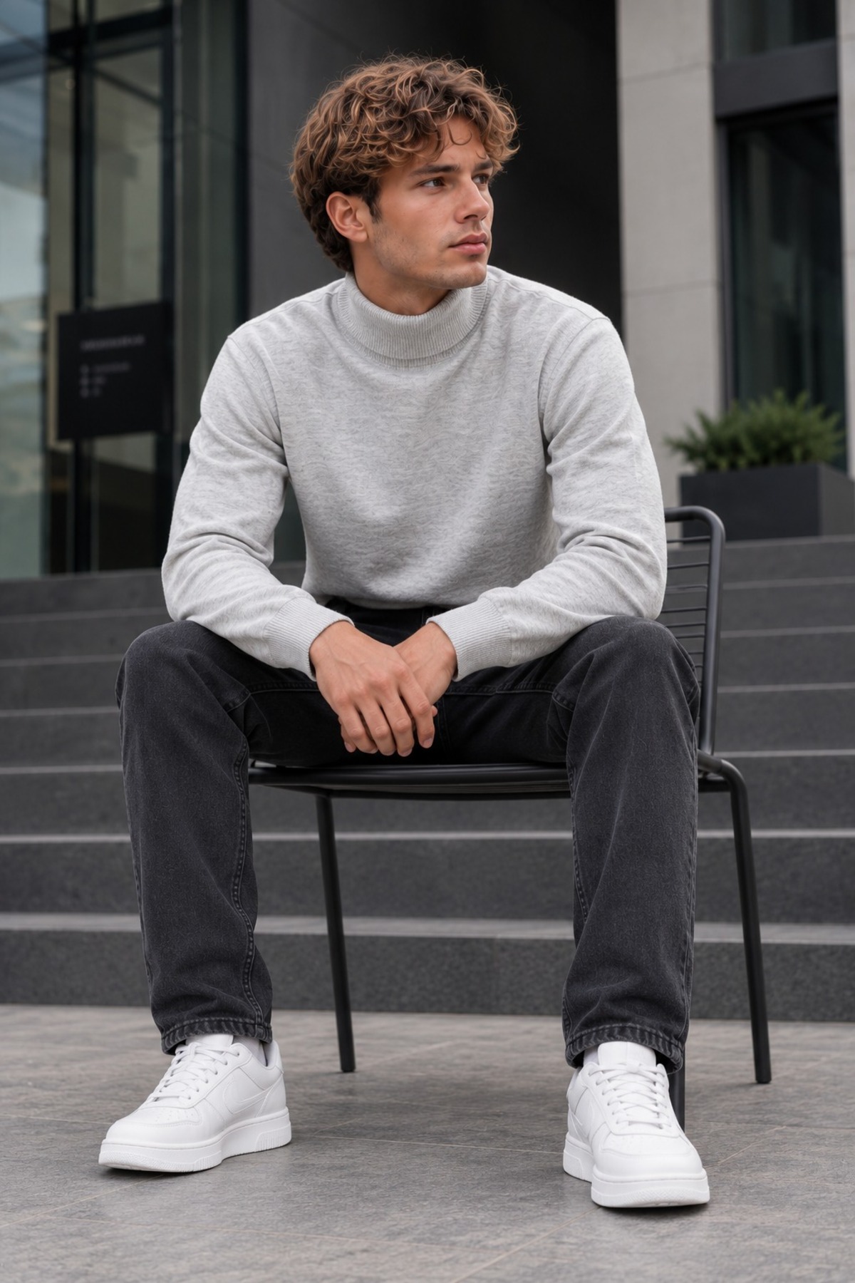 Kışlık Erkek Boğazlı Yaka Casual Açık Gri Sweatshirt 5