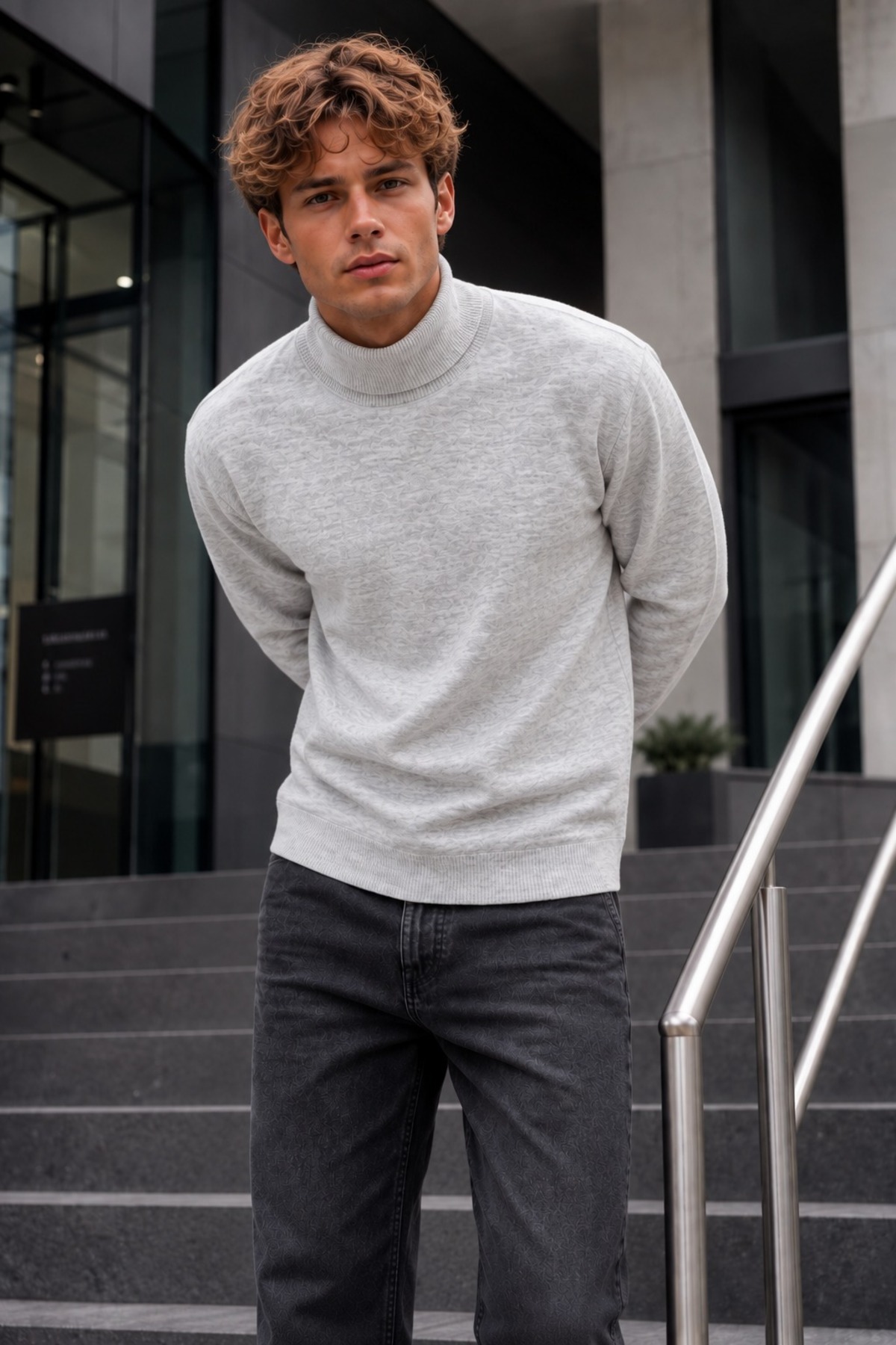 Kışlık Erkek Boğazlı Yaka Casual Açık Gri Sweatshirt 3