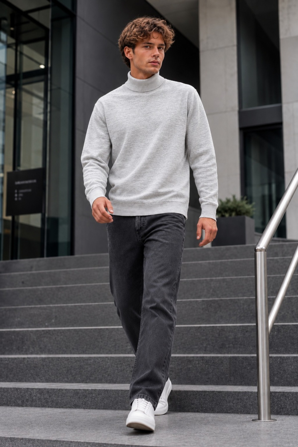 Kışlık Erkek Boğazlı Yaka Casual Açık Gri Sweatshirt 4
