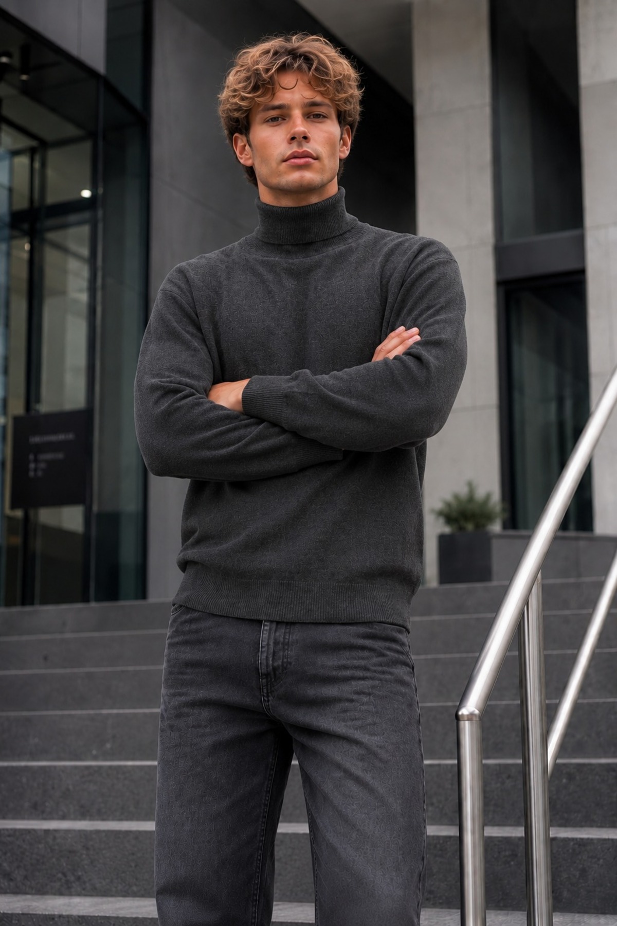 Kışlık Erkek Boğazlı Yaka Casual Füme Sweatshirt 6