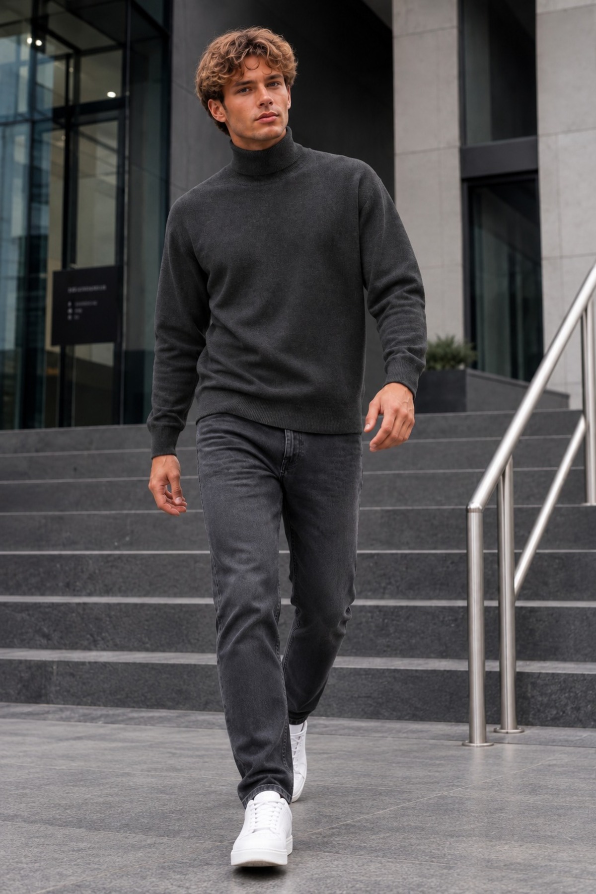 Kışlık Erkek Boğazlı Yaka Casual Füme Sweatshirt 4