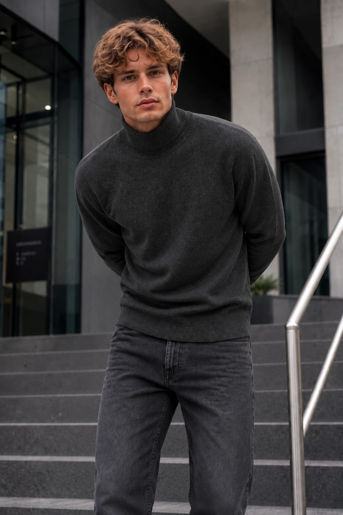 Kışlık Erkek Boğazlı Yaka Casual Füme Sweatshirt 3