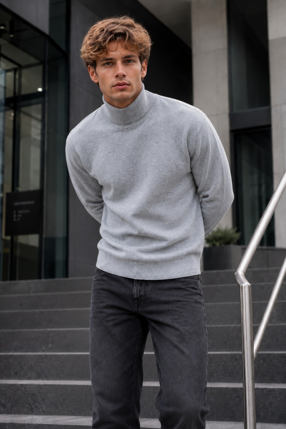 Kışlık Erkek Boğazlı Yaka Casual Gri Sweatshirt 3