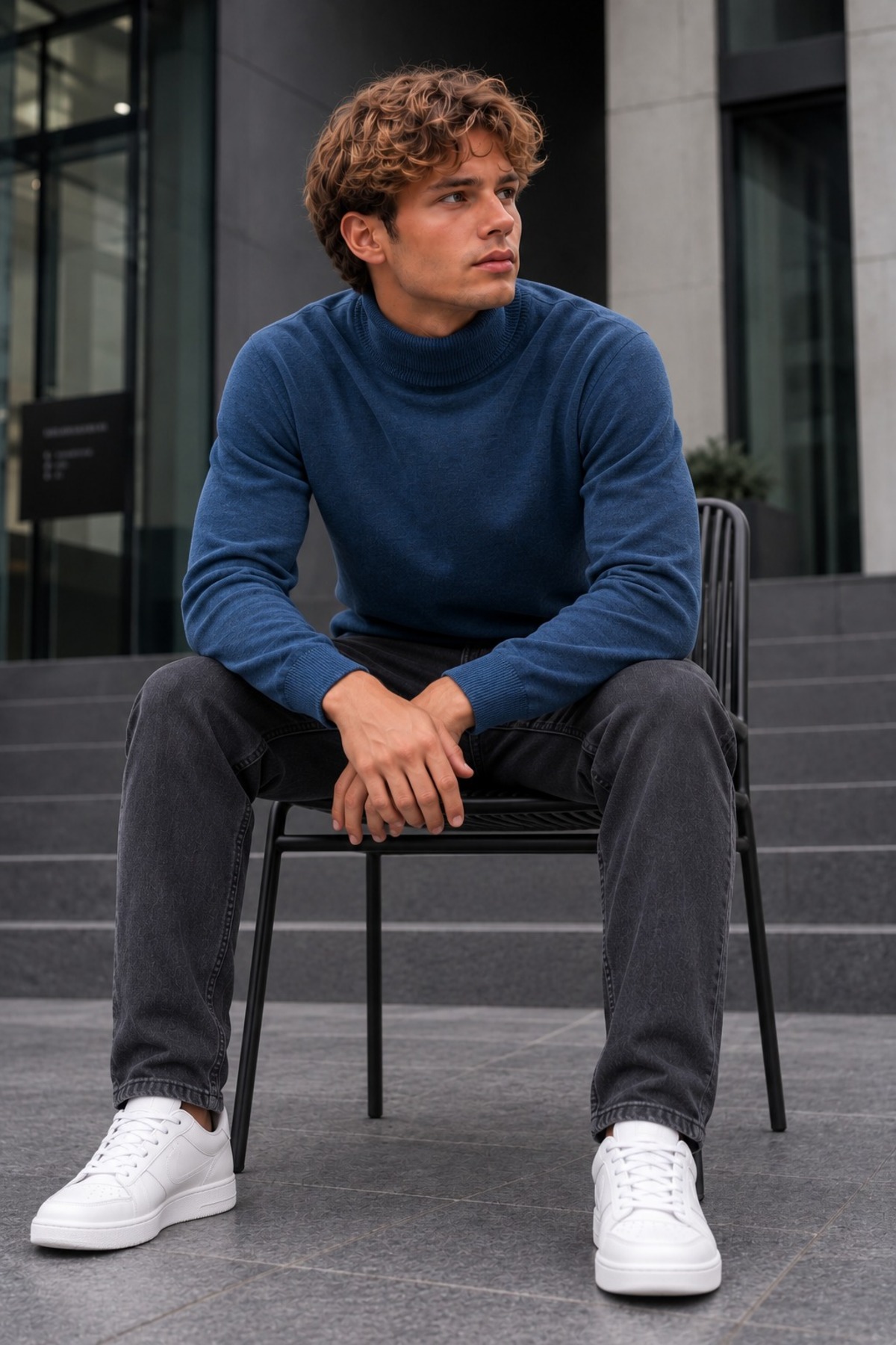 Kışlık Erkek Boğazlı Yaka Casual Mavi Sweatshirt 5