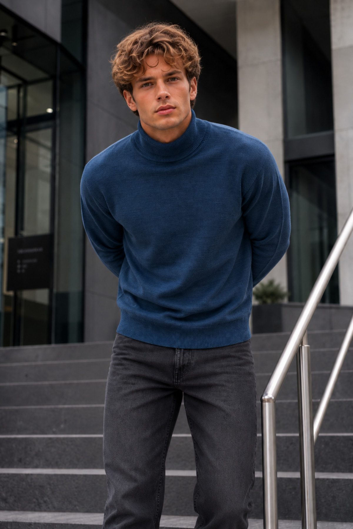 Kışlık Erkek Boğazlı Yaka Casual Mavi Sweatshirt 3
