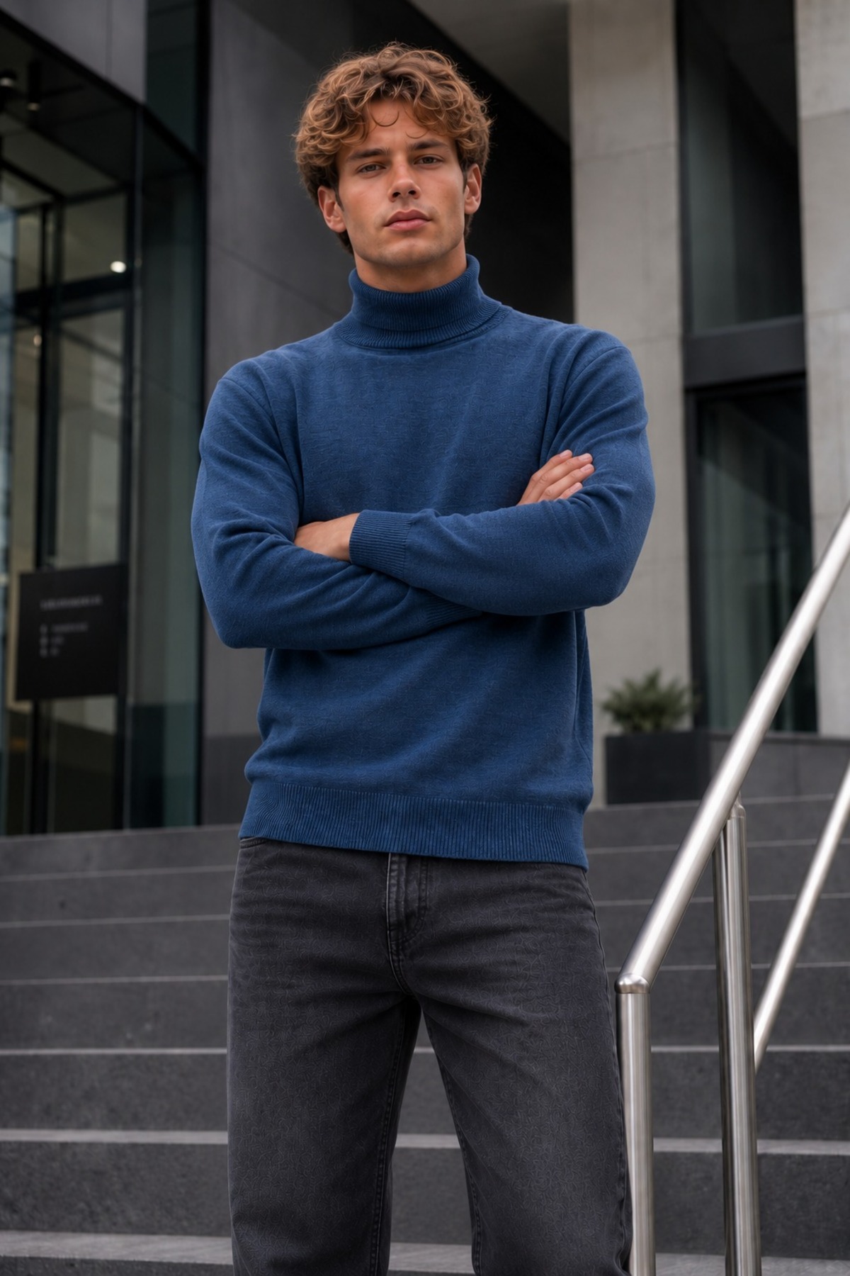 Kışlık Erkek Boğazlı Yaka Casual Mavi Sweatshirt 6