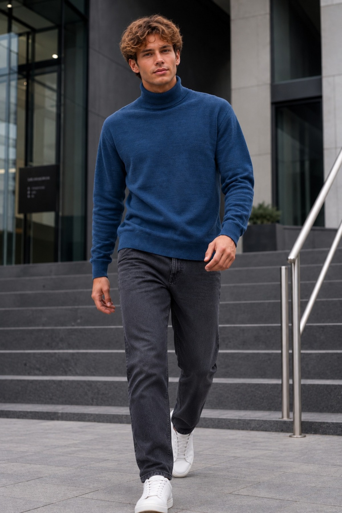 Kışlık Erkek Boğazlı Yaka Casual Mavi Sweatshirt 4