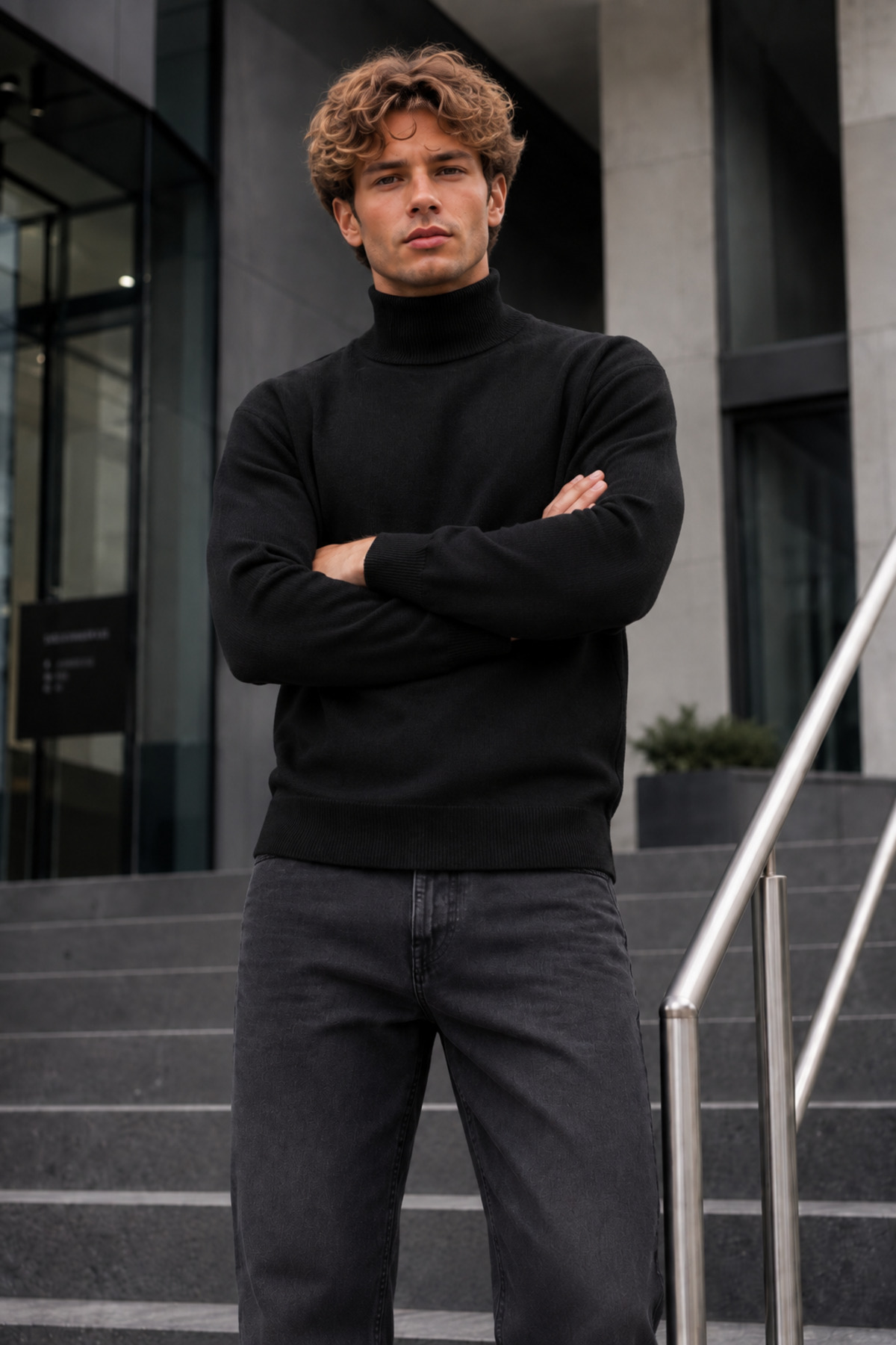 Kışlık Erkek Boğazlı Yaka Casual Siyah Sweatshirt 6