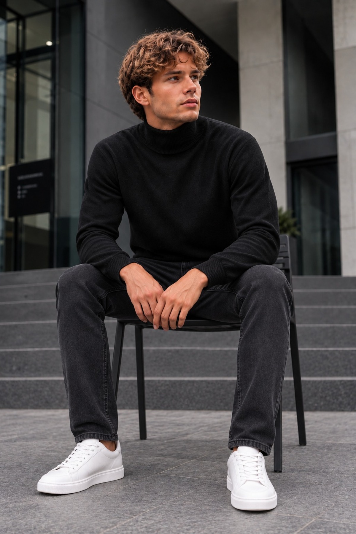 Kışlık Erkek Boğazlı Yaka Casual Siyah Sweatshirt 5
