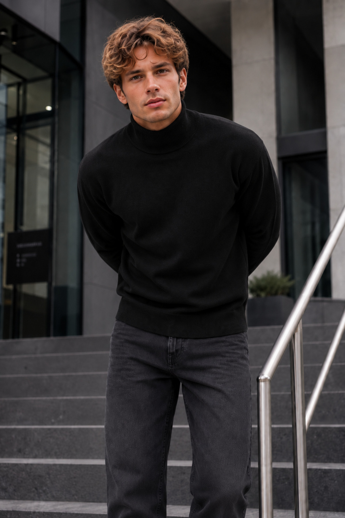 Kışlık Erkek Boğazlı Yaka Casual Siyah Sweatshirt 3