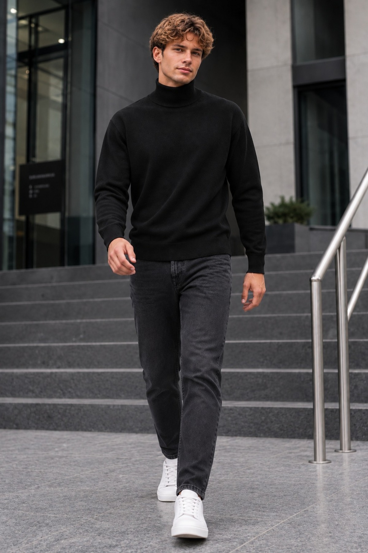 Kışlık Erkek Boğazlı Yaka Casual Siyah Sweatshirt 4