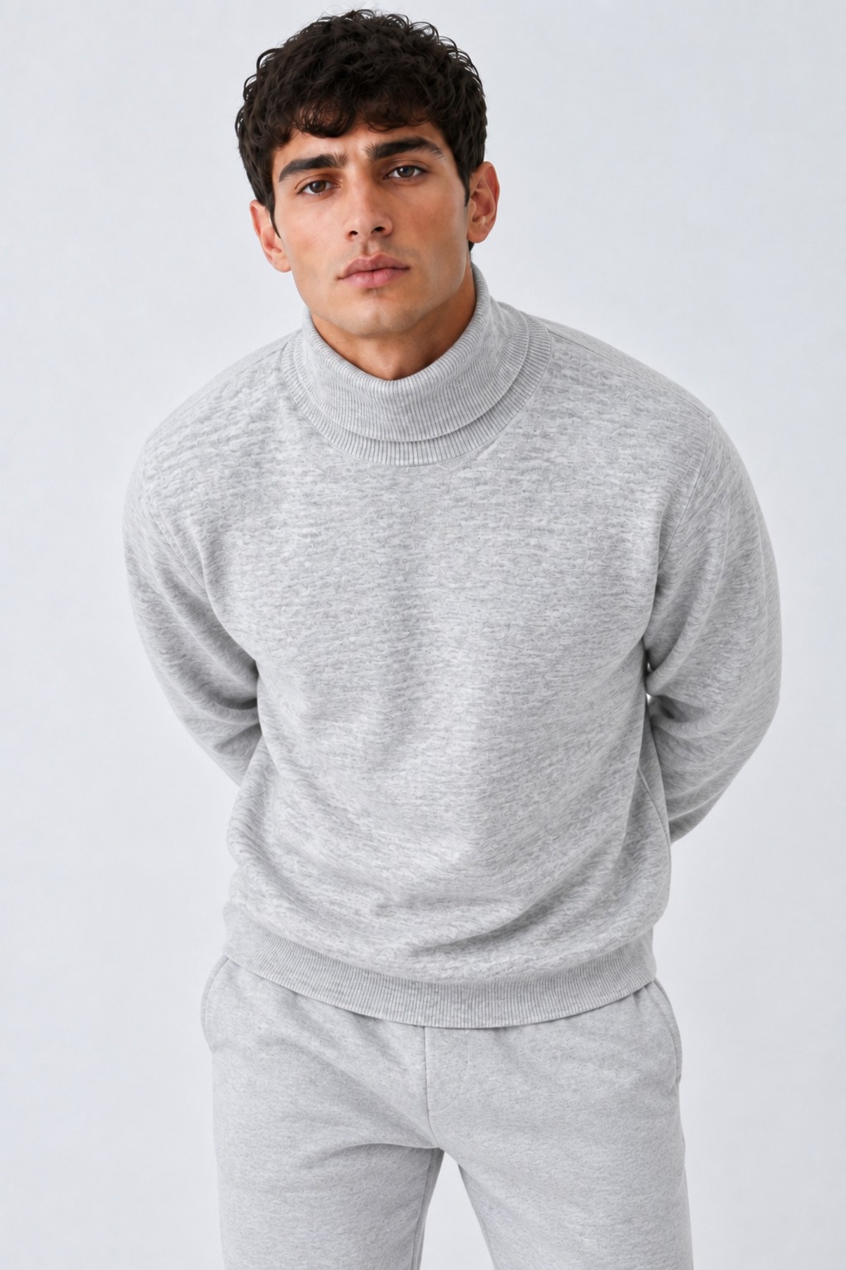 Erkek Balıkçı Yaka Boğazlı Rahat Açık Gri Sweatshirt 3