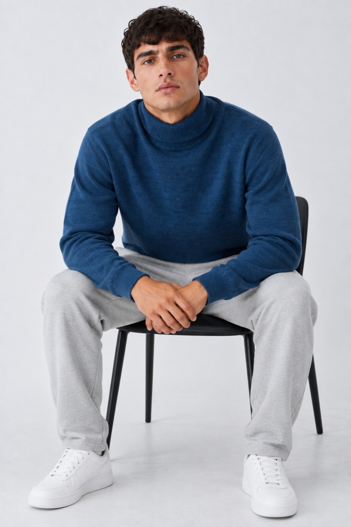 Erkek Balıkçı Yaka Boğazlı Rahat Mavi Sweatshirt 5