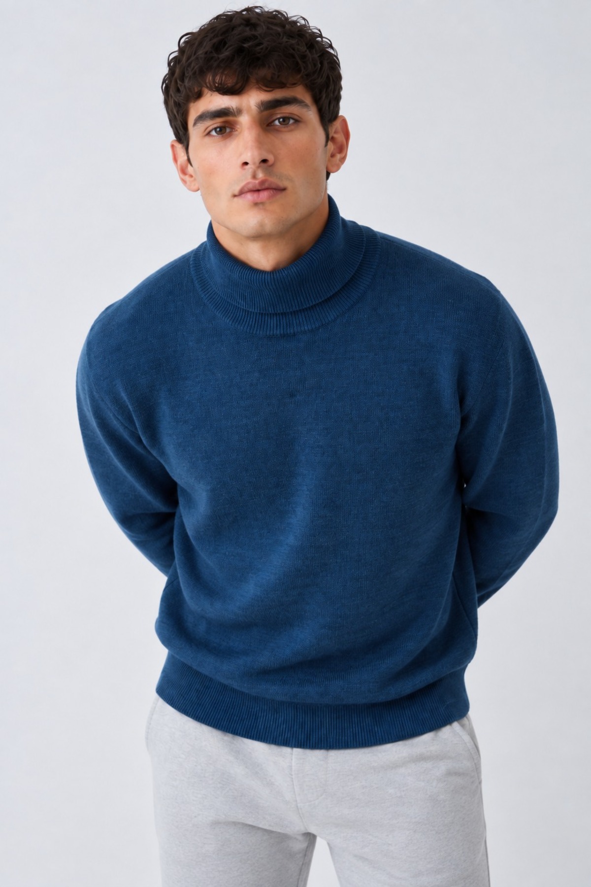 Erkek Balıkçı Yaka Boğazlı Rahat Mavi Sweatshirt 3