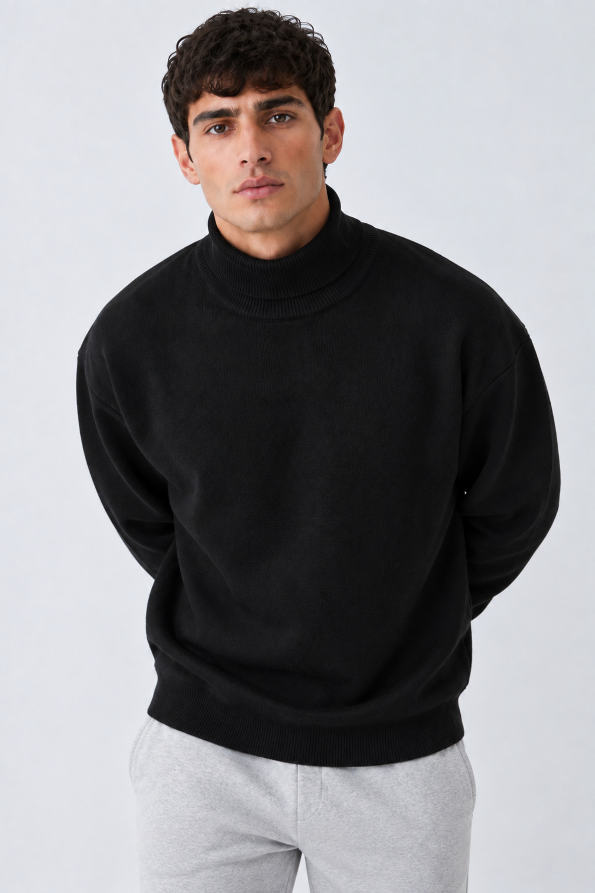 Erkek Balıkçı Yaka Boğazlı Rahat Siyah Sweatshirt 3