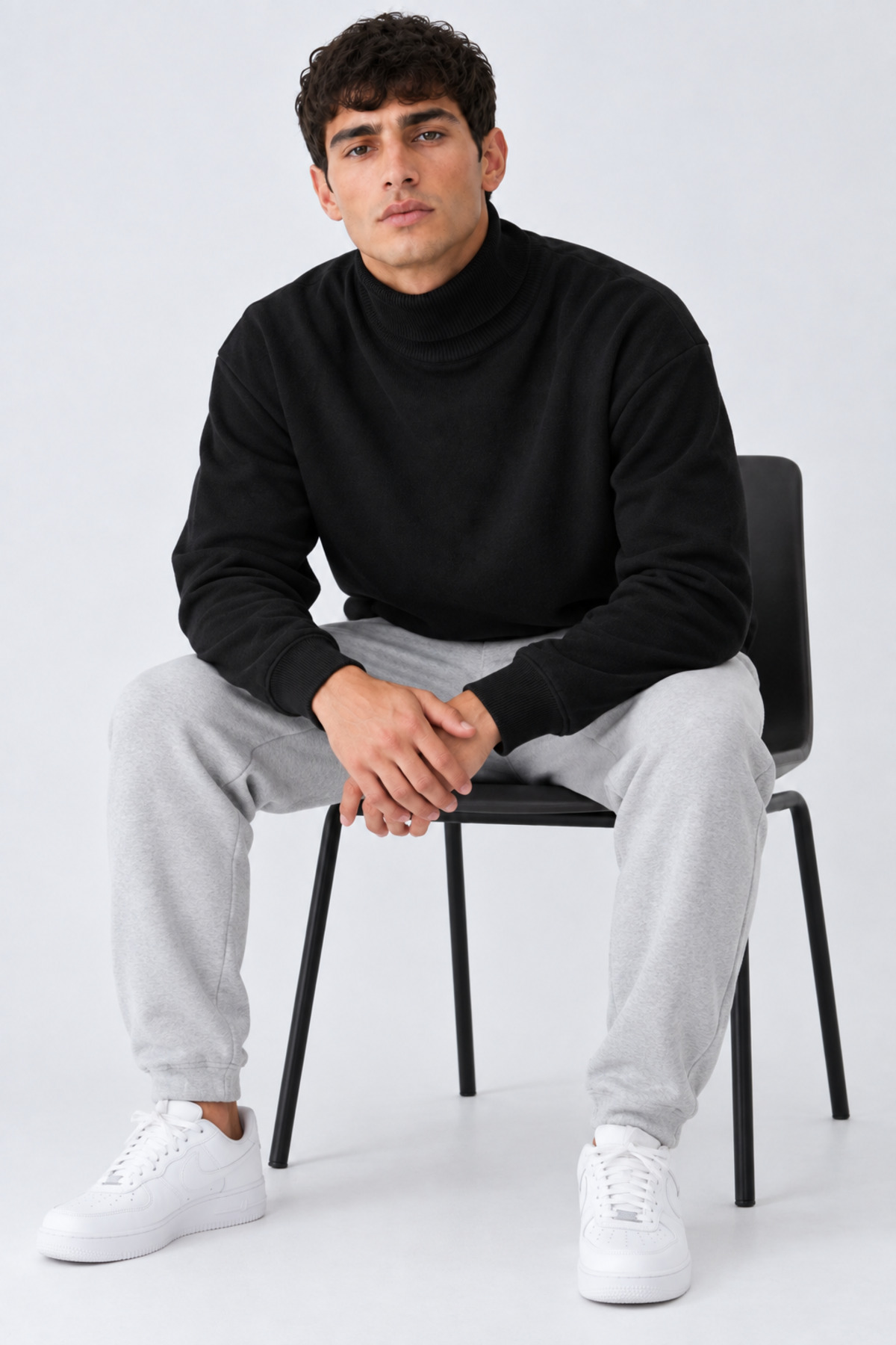 Erkek Balıkçı Yaka Boğazlı Rahat Siyah Sweatshirt 5