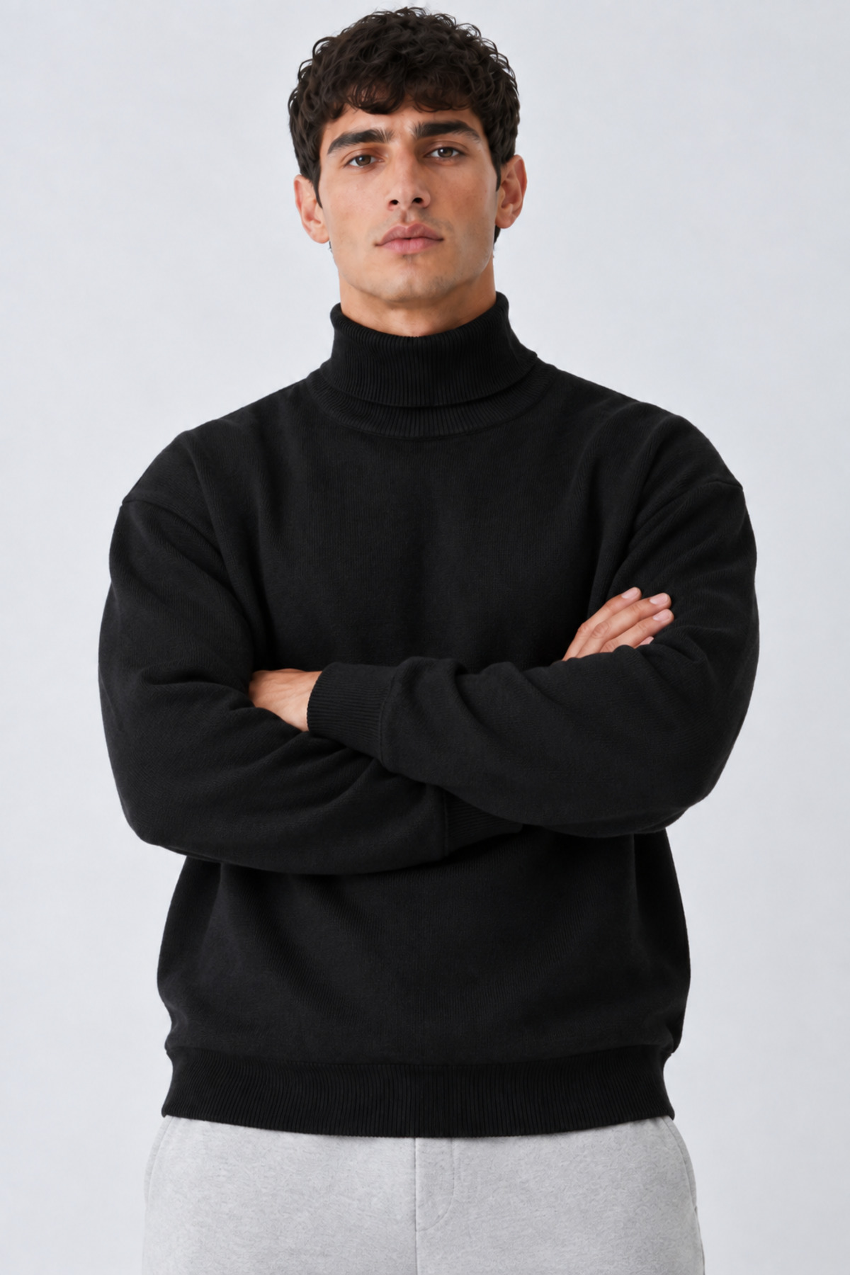 Erkek Balıkçı Yaka Boğazlı Rahat Siyah Sweatshirt 6