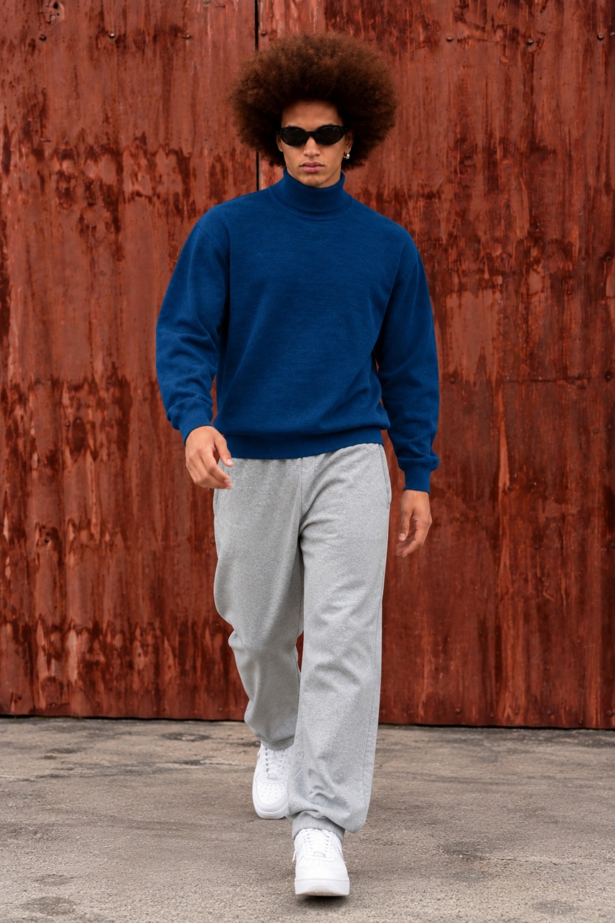 Erkek Tam Balıkçı Yaka Oversize Mavi Triko Kazak 3
