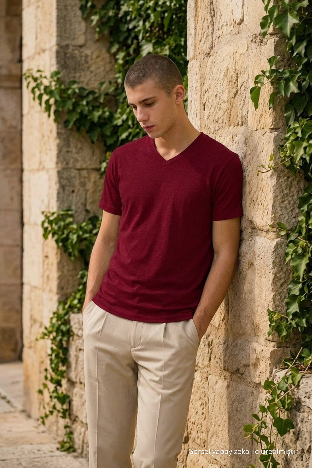 Erkek Straight Fit Bordo V Yaka Tişört 4
