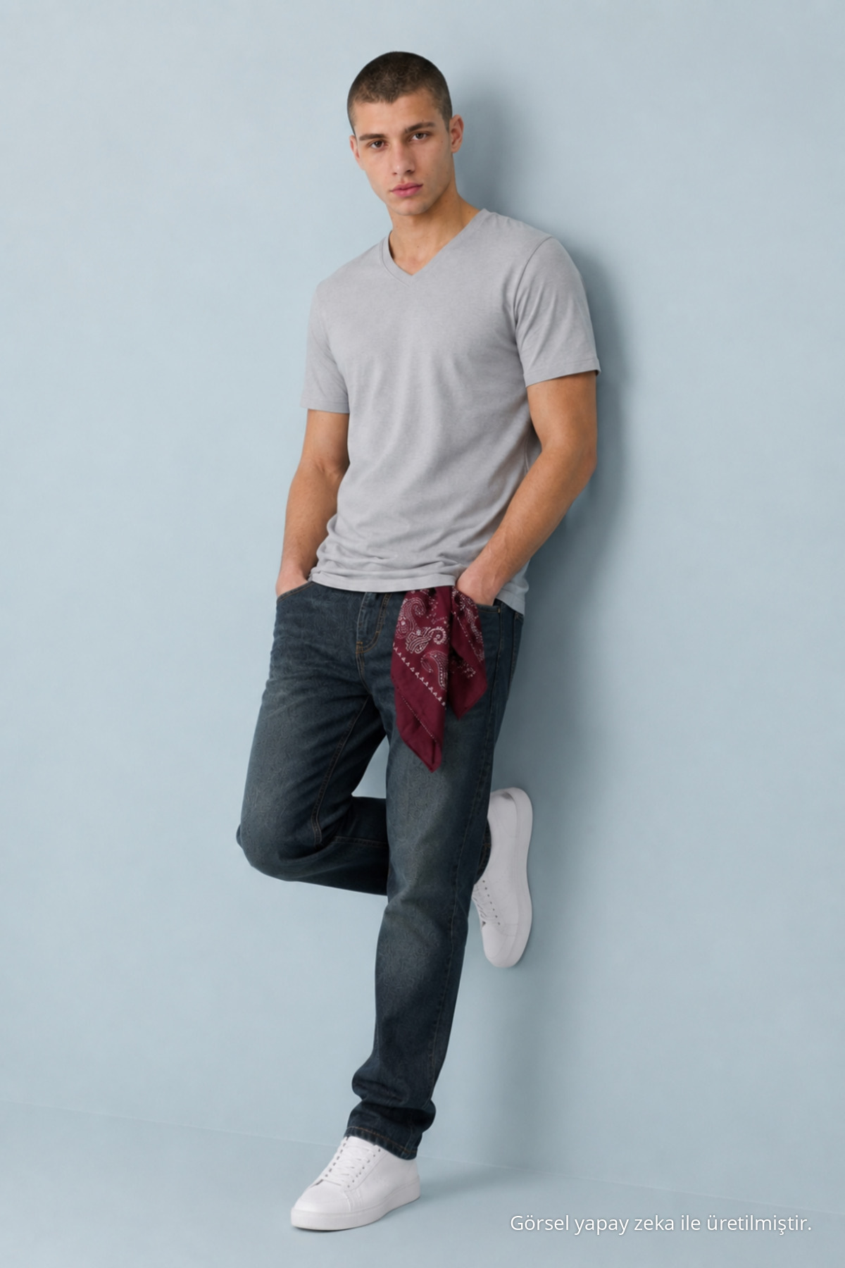 Erkek Straight Fit Gri V Yaka Tişört 5