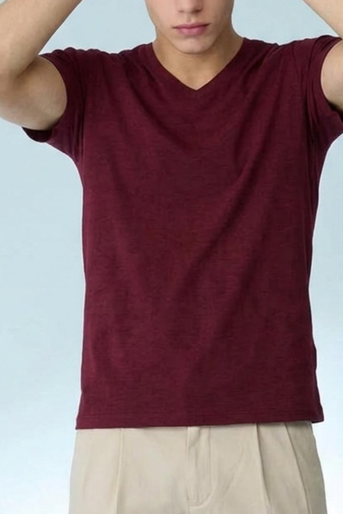 Erkek Straight Fit Bordo V Yaka Tişört 6