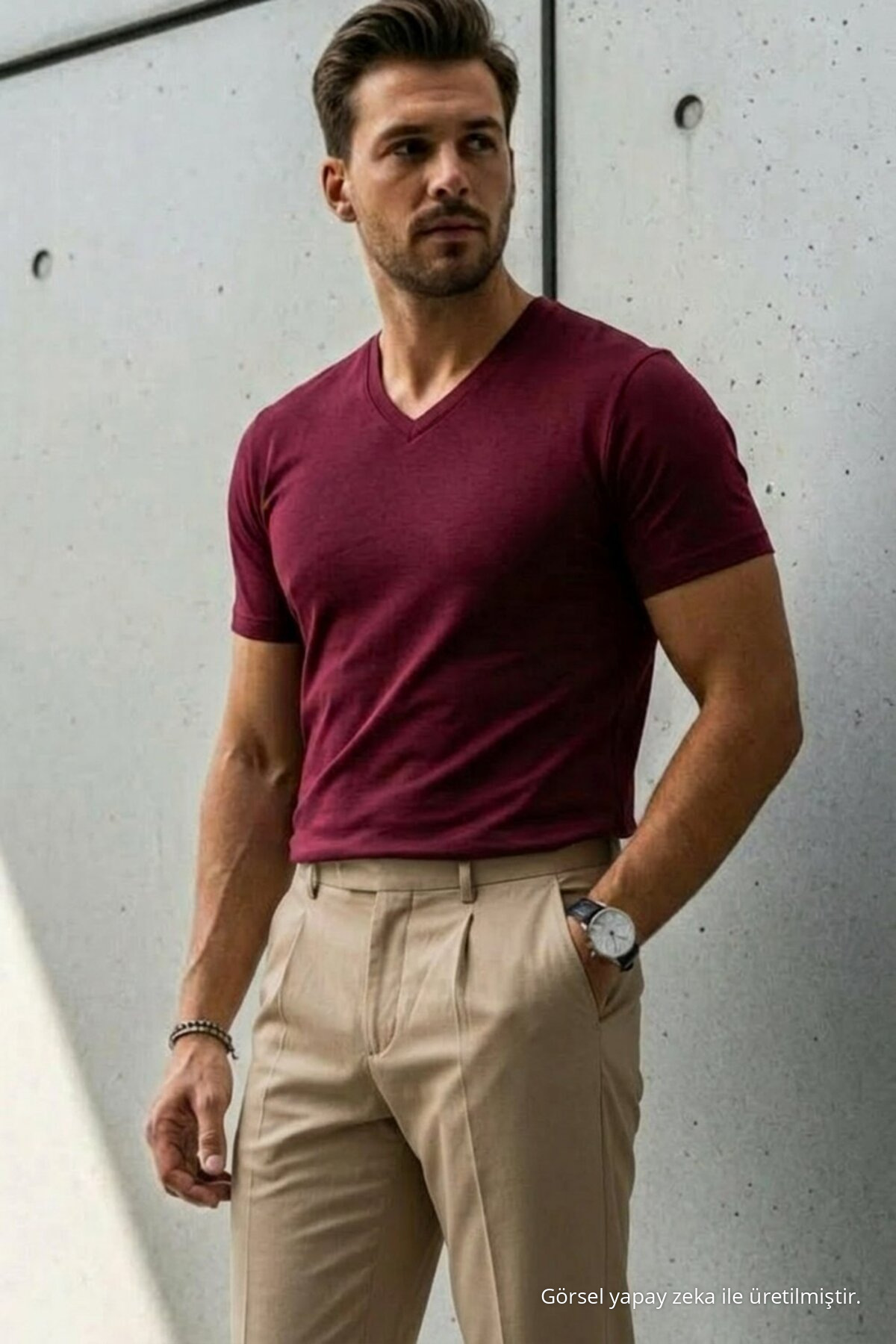 Erkek Relaxed Fit Bordo Bol V Yaka Tişört 3