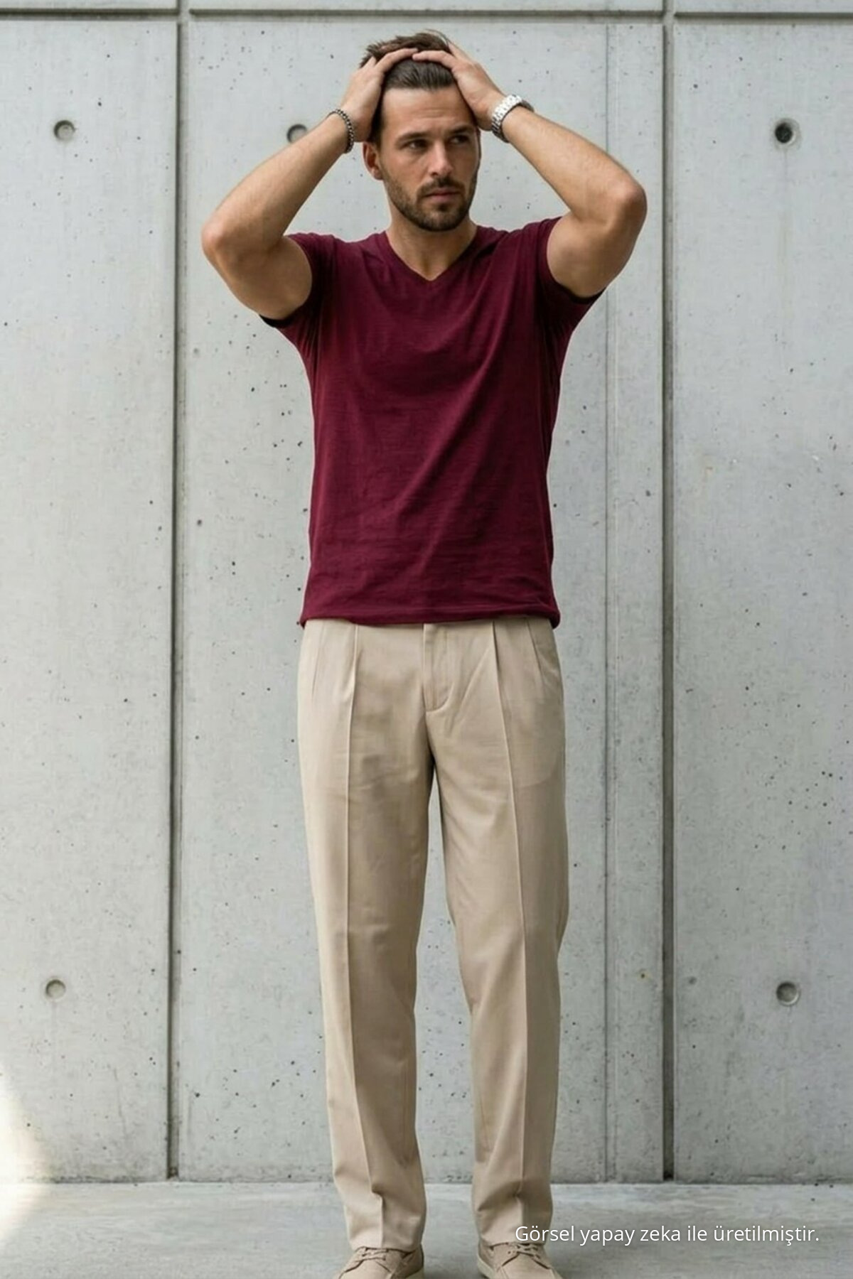 Erkek Relaxed Fit Bordo Bol V Yaka Tişört 4