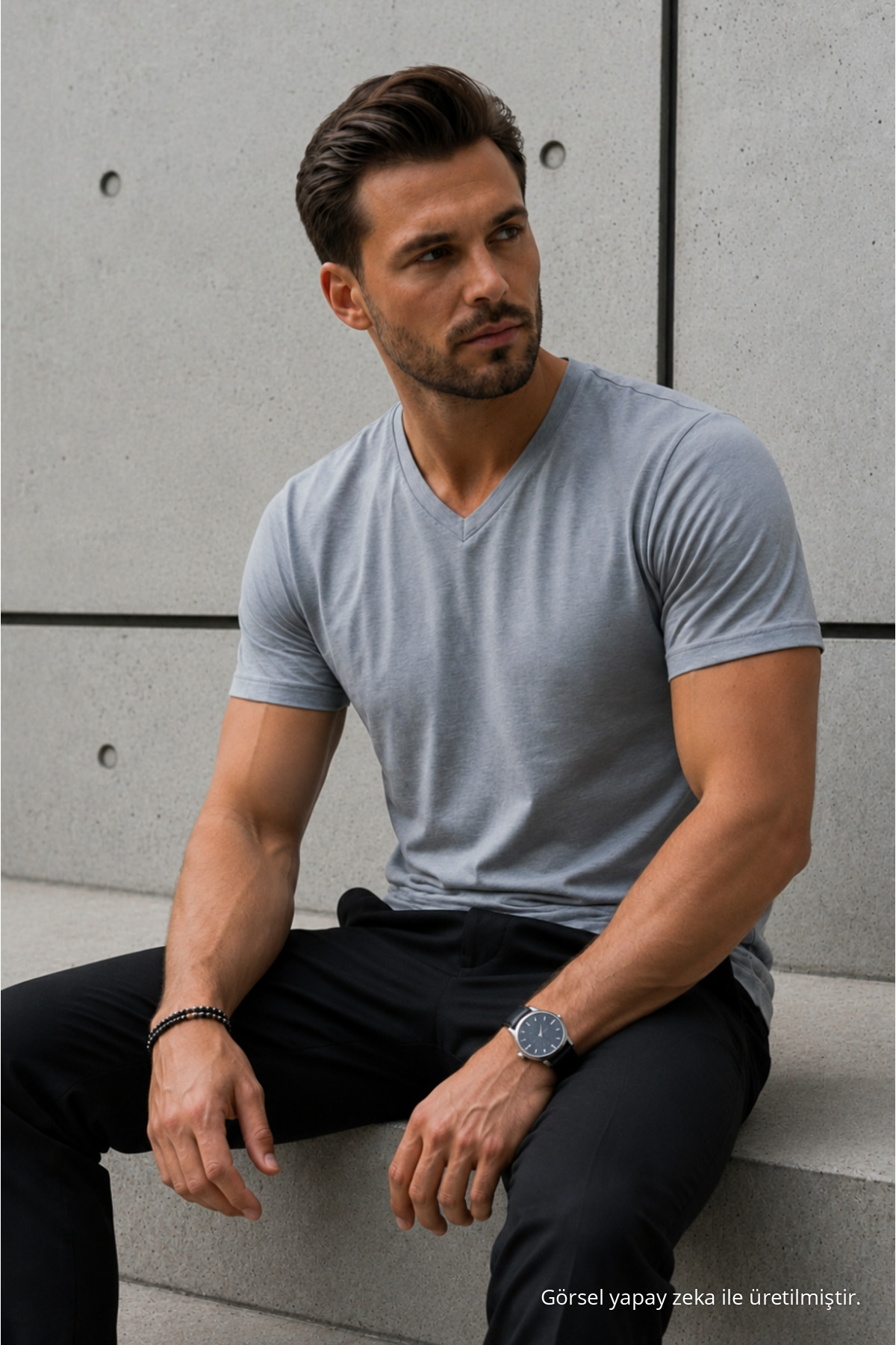 Erkek Relaxed Fit Gri Bol V Yaka Tişört 3